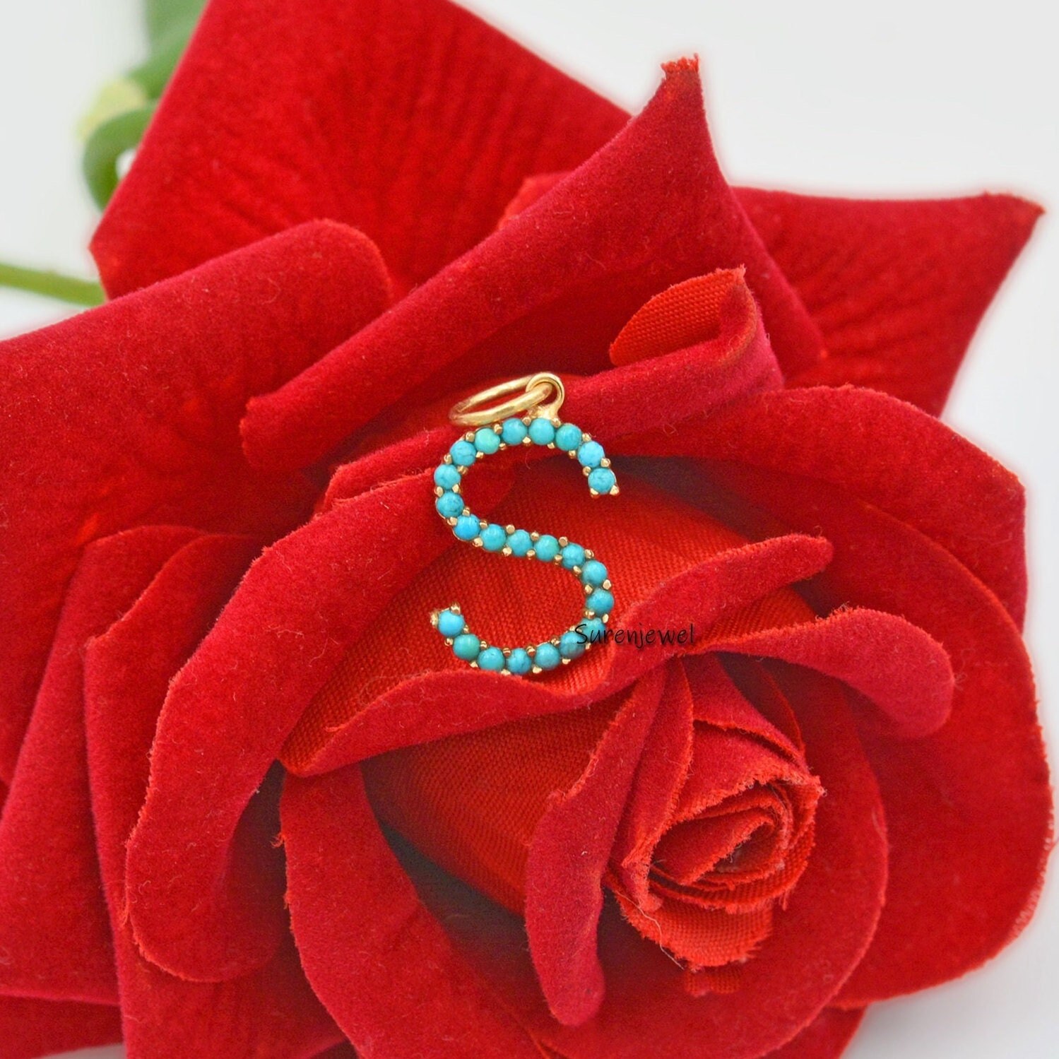 925 Silver Turquoise Letter Pendant: Custom Alphabet Charm - View 4 - Suren Jewels | SKU: SJP87-SLNSTQ-N-N41-18I