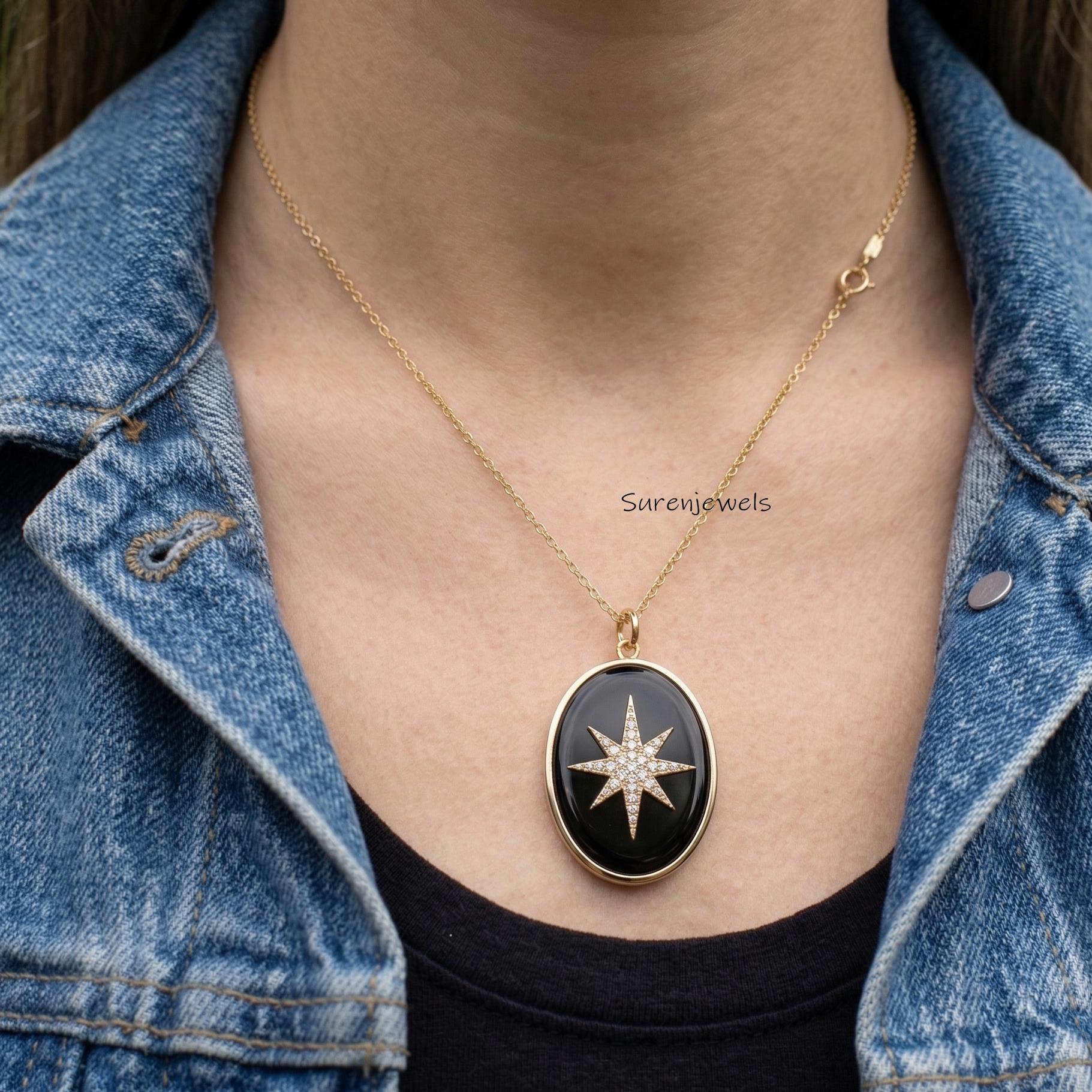 Celestial Black Onyx Pendant, Gold Starburst Necklace, Celestial Jewelry, Modern Locket, Dainty Gold Chain, Witchy Aesthetic