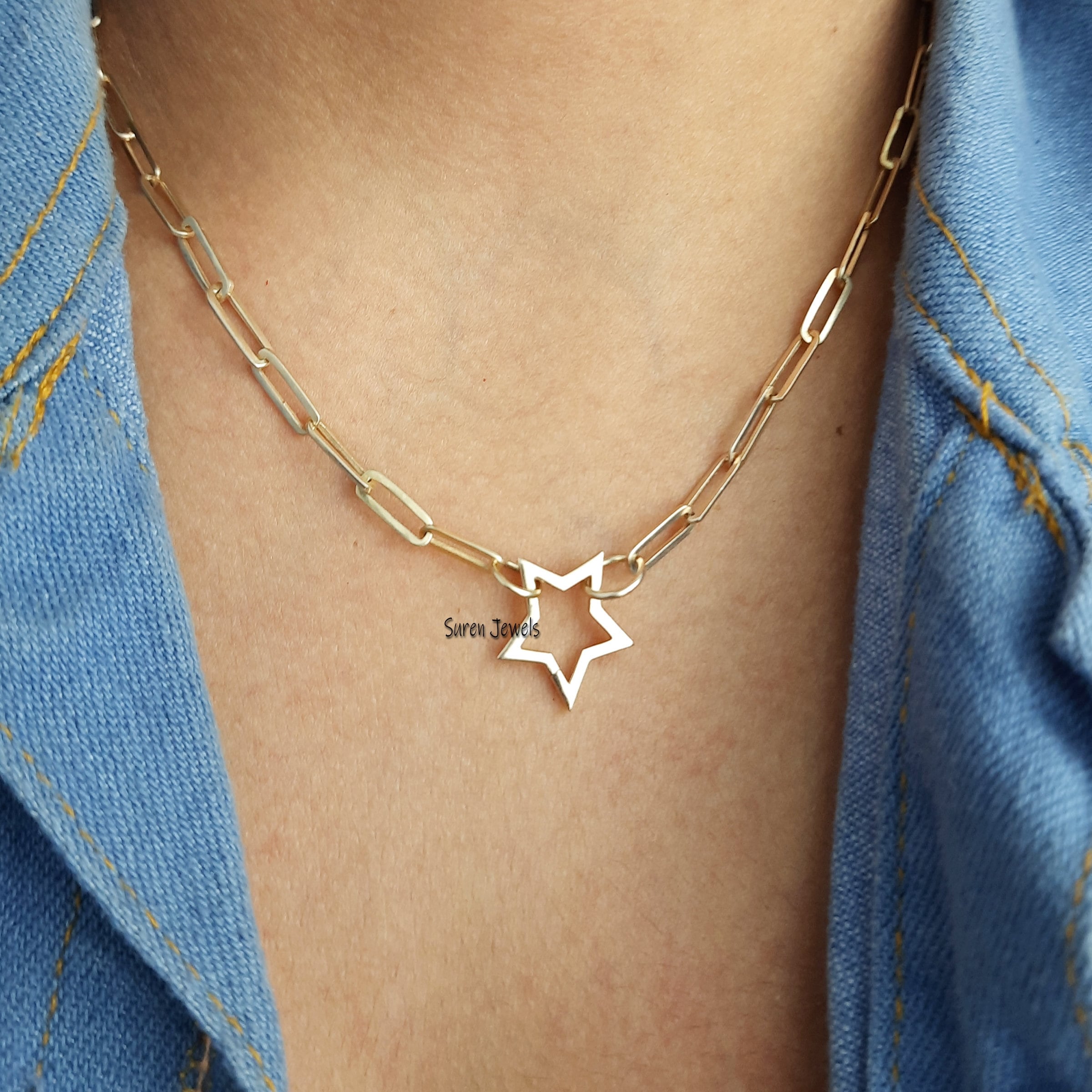 9K Gold Star Charm Holder: Snap Link Enhancer, Necklace - View 2 - Suren Jewels | SKU: SJP451-9KYG-N47-18I