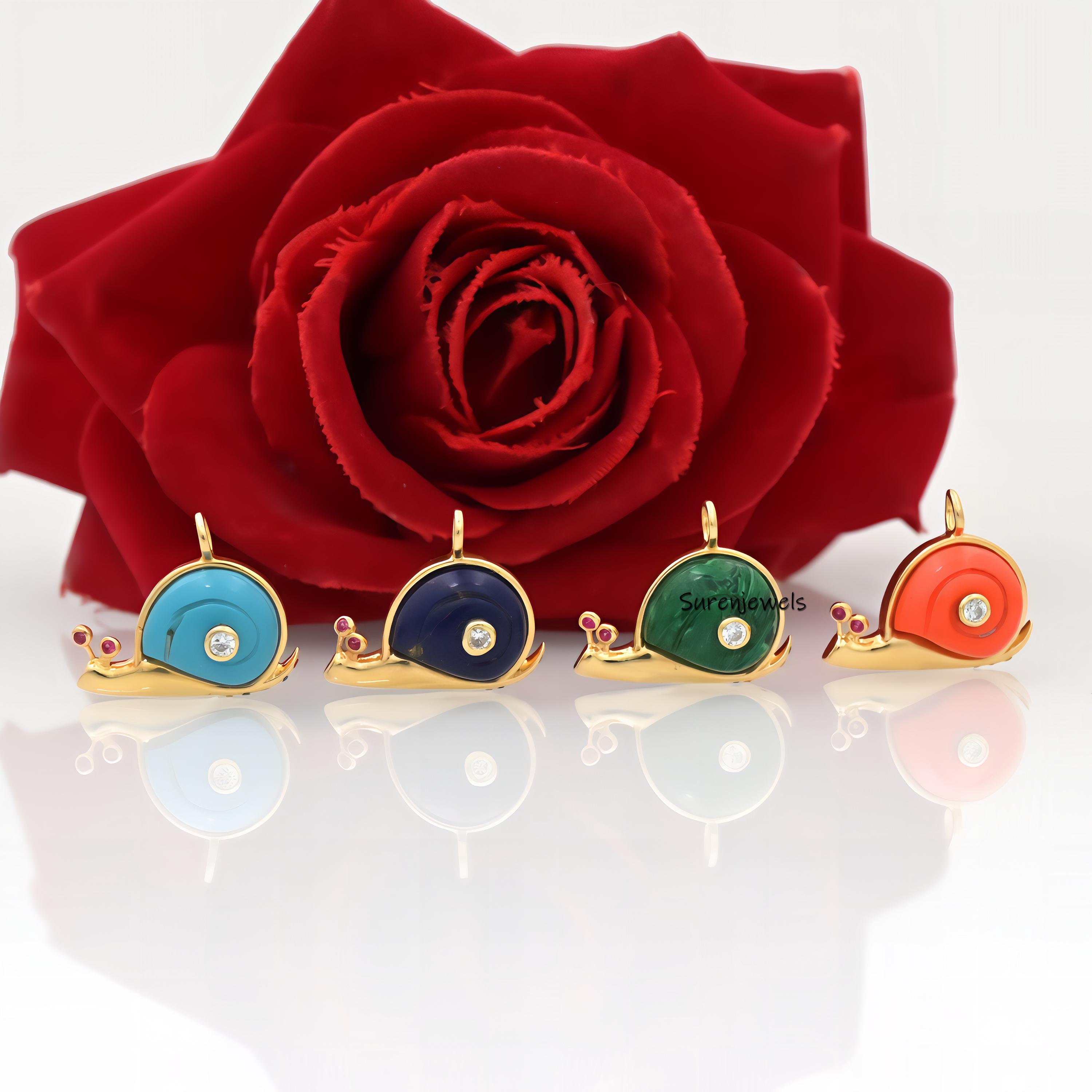 14K Gold Gemstone Snail Pendant: Handmade Yellow Gold Charm - Suren Jewels | SKU: SJP1197