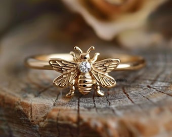 14K Gold Honey Bee Ring, Bumble Bee Stacking Ring, Diamond Honey Bee Ring, Dainty Honey Bee Ring, Delicate Unique Honey Bee Ring