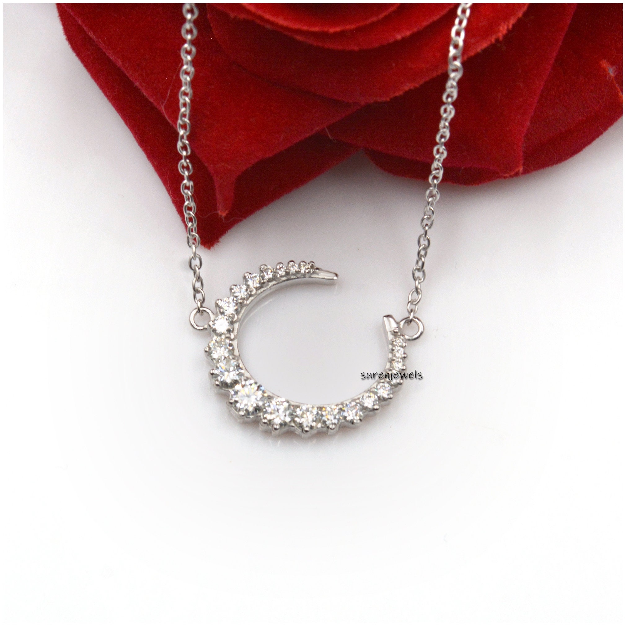 925 Silver Moissanite Crescent Moon Necklace - View 2 - Suren Jewels | SKU: SJN687-SLWGMN-16I
