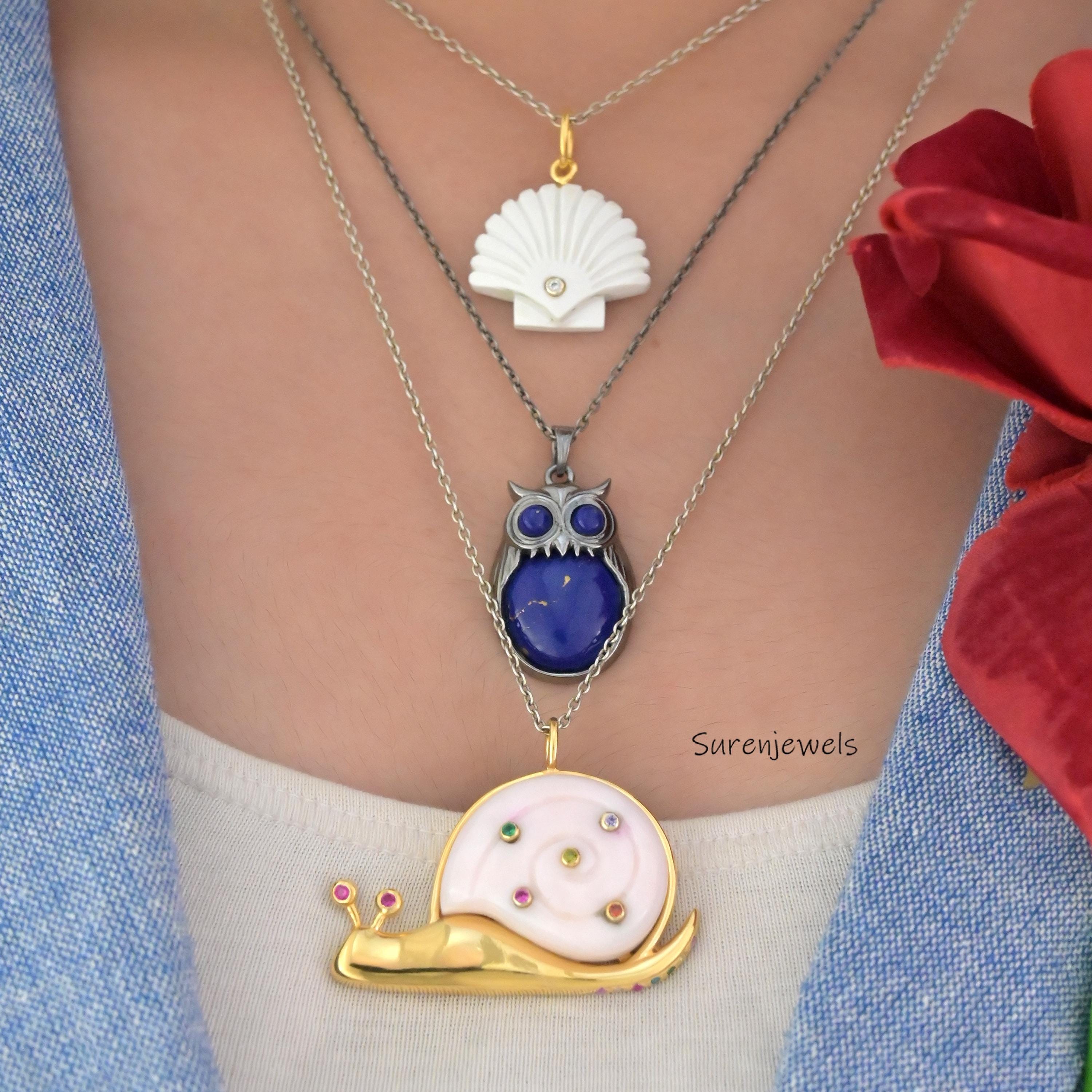 Carved Gemstone Owl Pendant: Malachite, Larimar, Gold or Silver - View 4 - Suren Jewels | SKU: SJP4244-SLYGMK-30M
