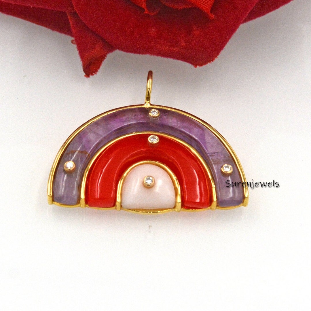 14k Gold Rainbow Pendant, Dainty Rainbow Pendant Jewelry, Gemstone Rainbow Pendant, Solid Gold