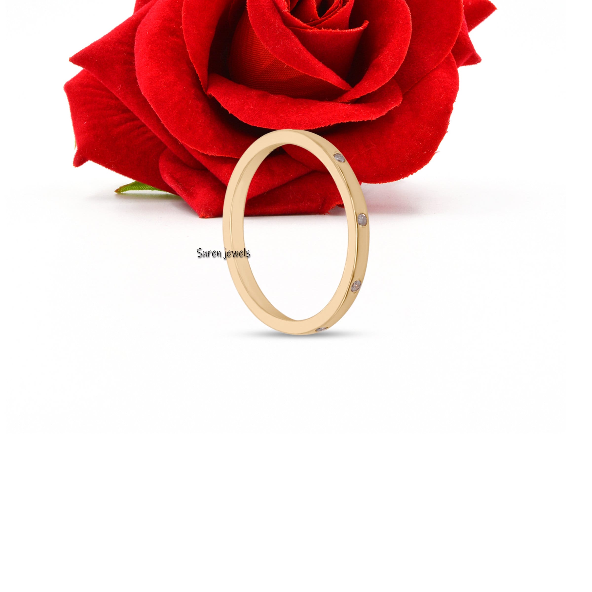 Flush Set Diamond Wedding Band: 925 Silver Eternity Ring - View 5 - Suren Jewels | SKU: SJR08-SLYGDI-5S/SJR911-SLYGDI-10