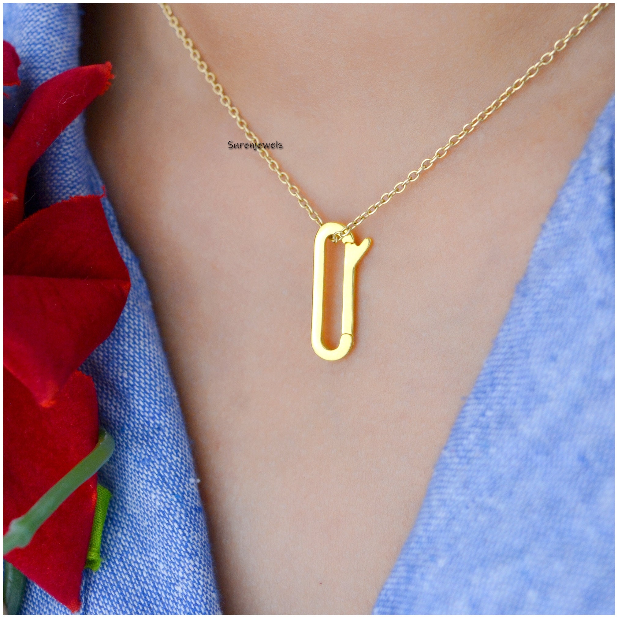 14k Gold Charm Enhancer Holder: Solid Elongated Lock - View 3 - Suren Jewels | SKU: SJP1211-SLYG