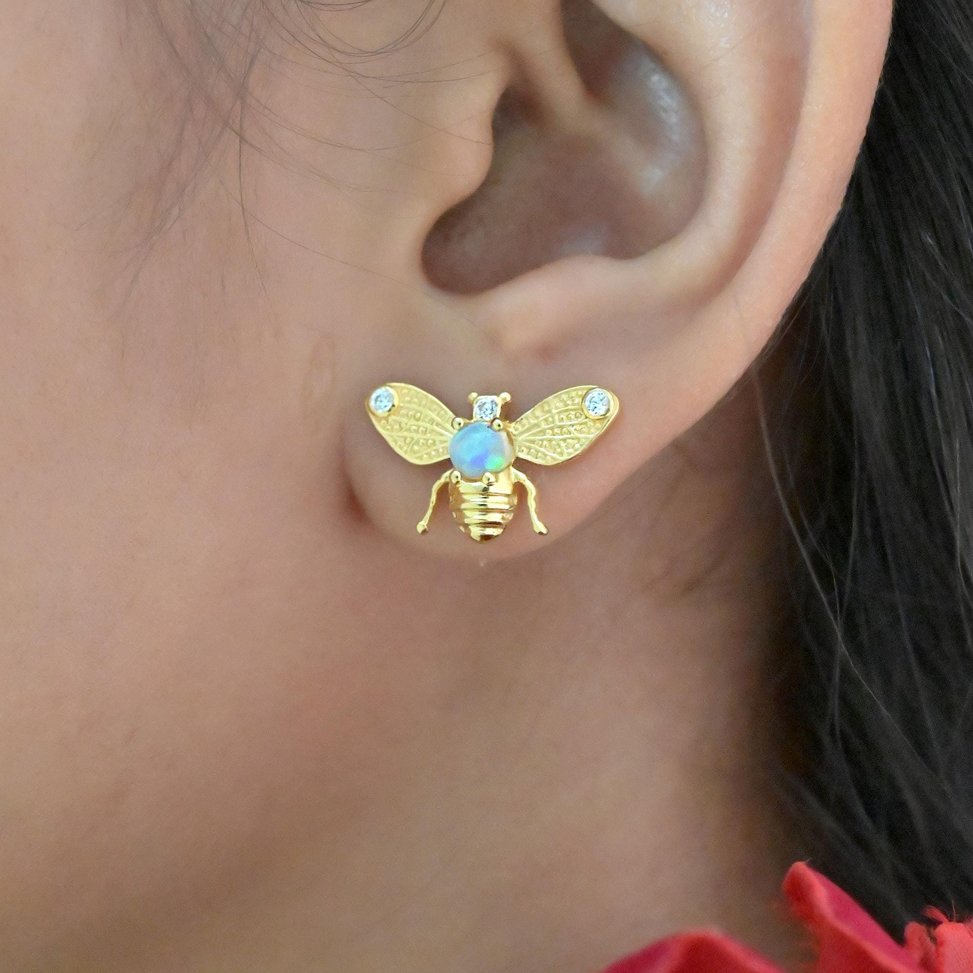14K Gold Honey Bee Stud Earrings: Gemstone Bumble Bee Jewelry - View 6 - Suren Jewels | SKU: SJE1795-SLRGTE-12M,SJE1775-SLYGE