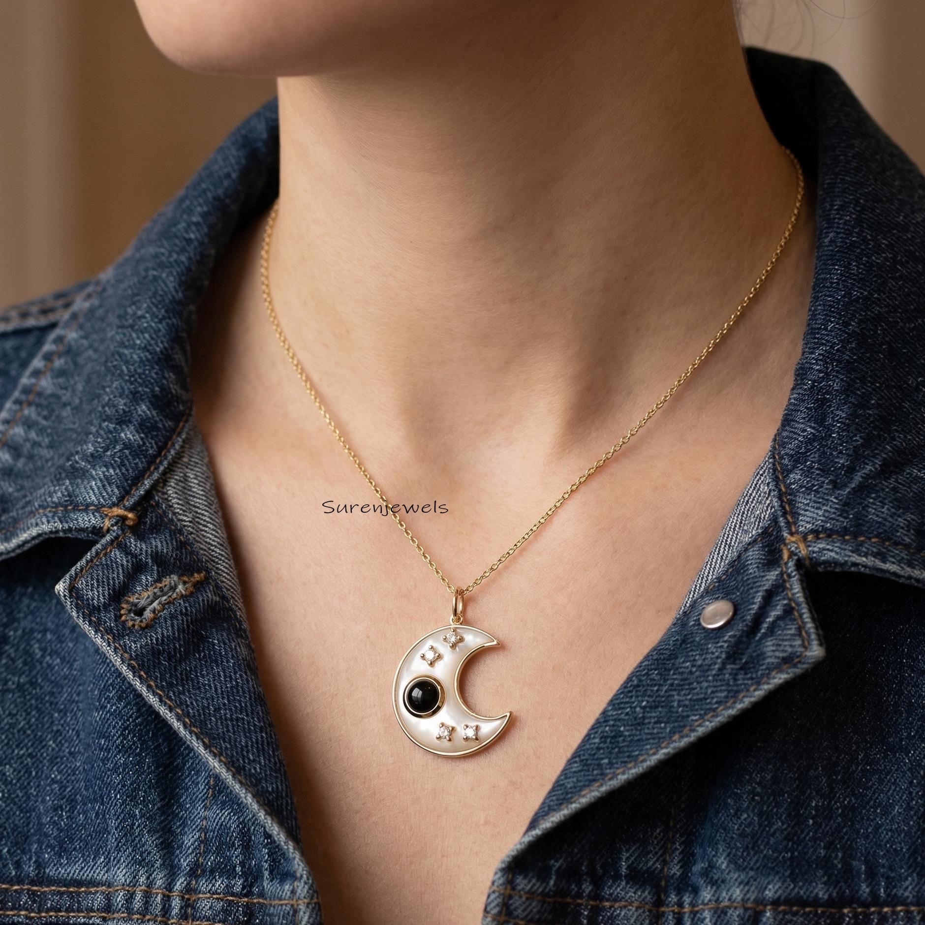 Hand carved 14k Gold Gemstone Half Moon Pendant, Handmade Designer Half Moon Pendant - Suren Jewels | SKU: SJP