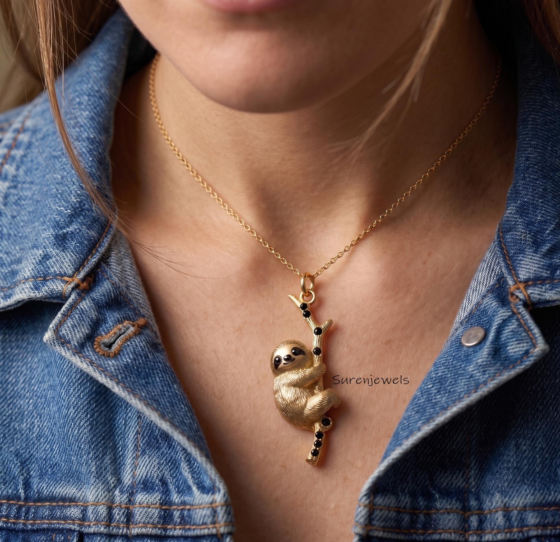 Hanging Sloth Necklace, Gold Tone Sloth on Branch Pendant, Nature Inspired Jewelry, Unique Animal Necklace, Gift for Sloth Lo