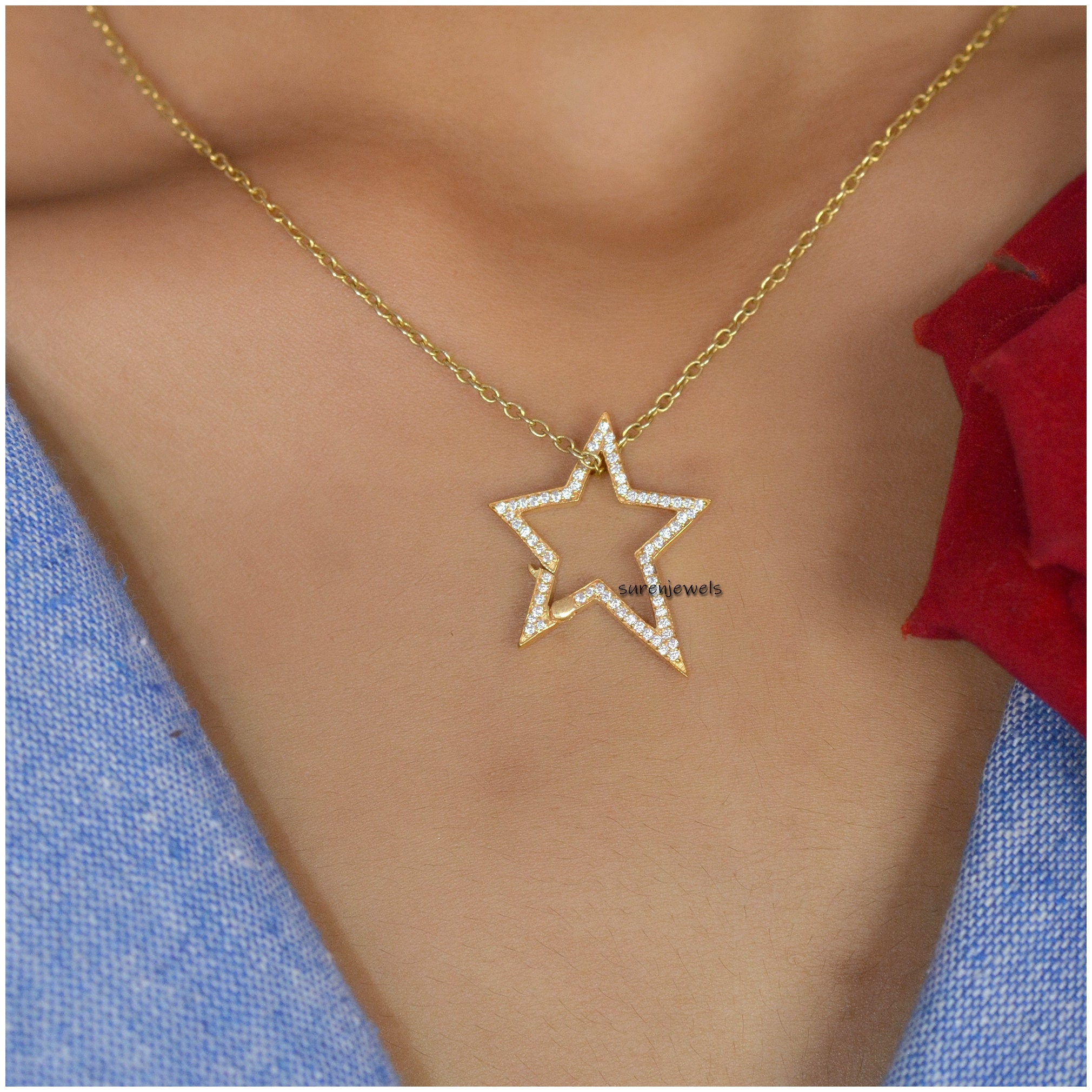 Pave Diamond Star Enhancer Lock: 14k Gold Vermeil Jewelry Clasp - View 3 - Suren Jewels | SKU: SJP1380-SLYGCZ