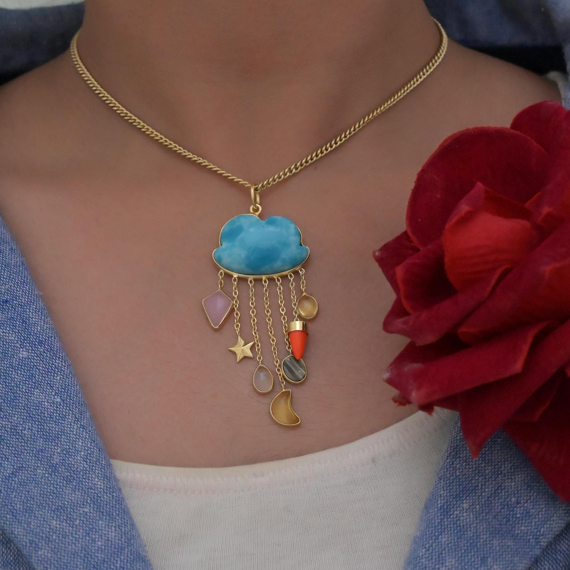 Hand Carved 14K Gold Gemstone Rainy Cloud Pendant - View 3 - Suren Jewels | SKU: SJP2667-SLYGMSMT
