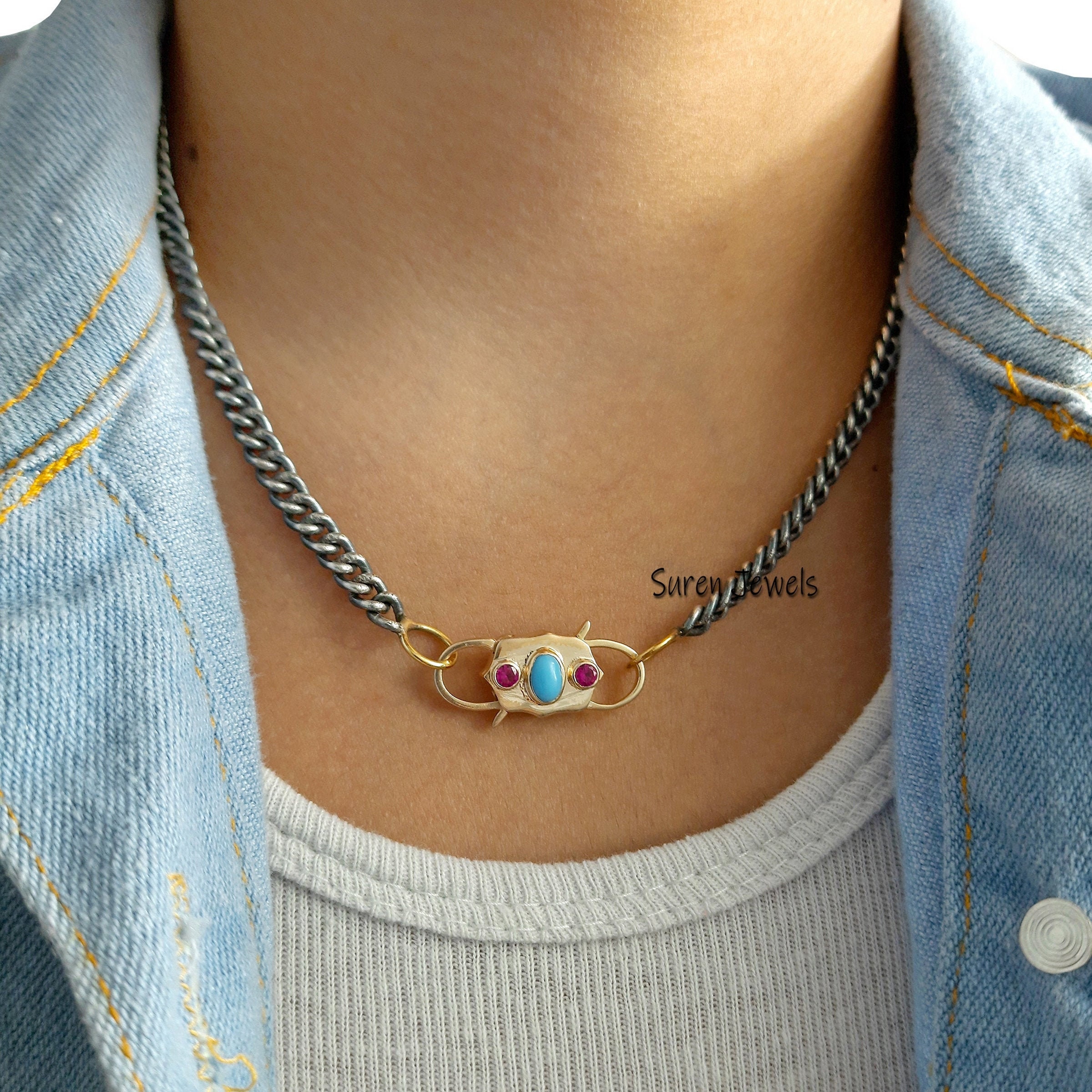 Turquoise & Pink Quartz Padlock: 14k Gold Vermeil Connector - View 6 - Suren Jewels | SKU: SJP68-SLYGTQPQ-N22-18I-925