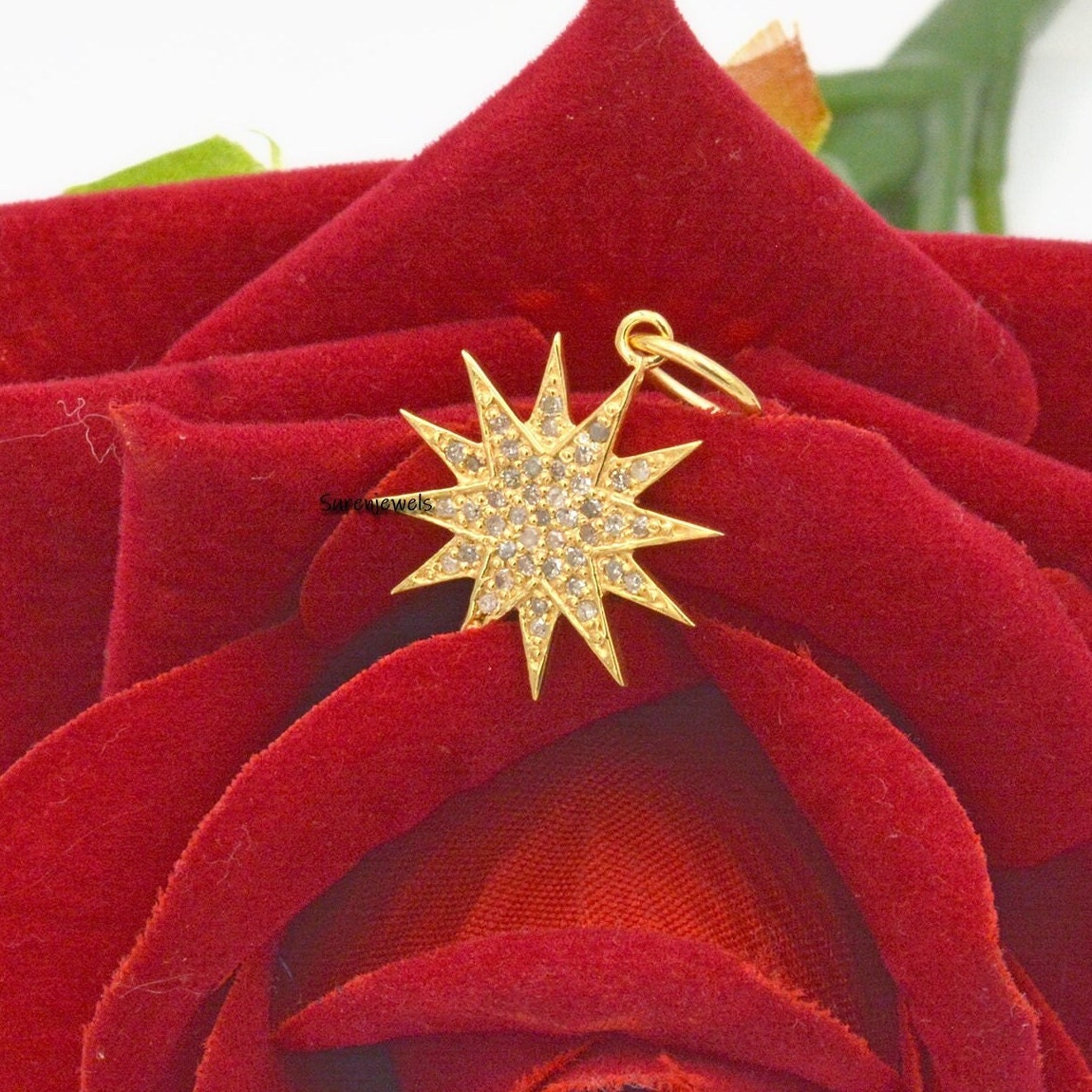 14K Gold Starburst Diamond Pendant - 20mm Gemstone Charm - Suren Jewels | SKU: SJP531-SLYGDI-20M