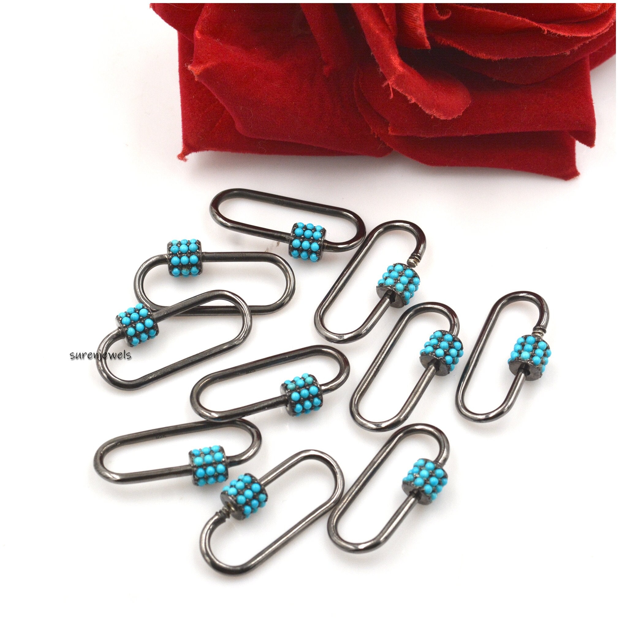 925 Silver Turquoise Carabiner Lock: Gemstone Pendant (20x9mm) - Suren Jewels | SKU: SJC09-SLYGTQ-N47-18I