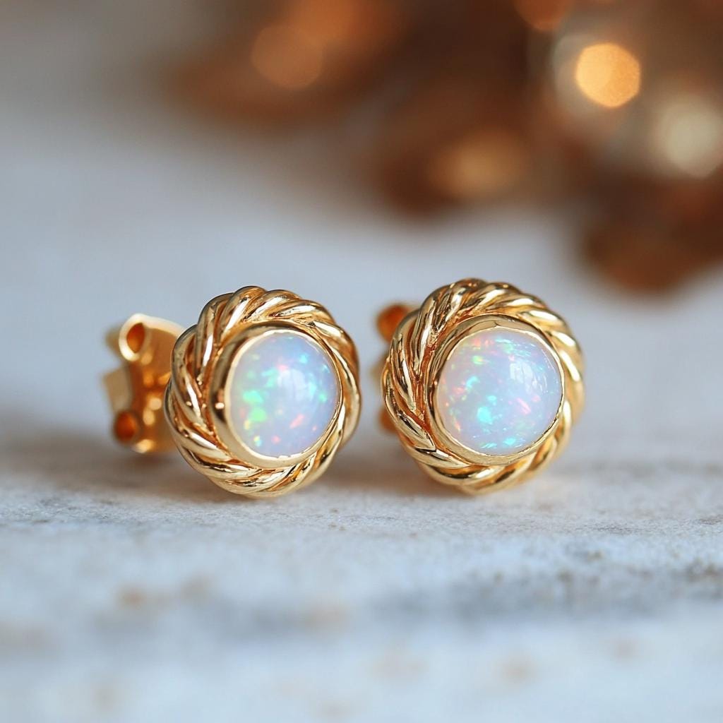 Solid 14K Gold Opal Round Studs Earrings Bezel Setting Stud Earrings - View 2 - Suren Jewels | SKU: SJE2003-