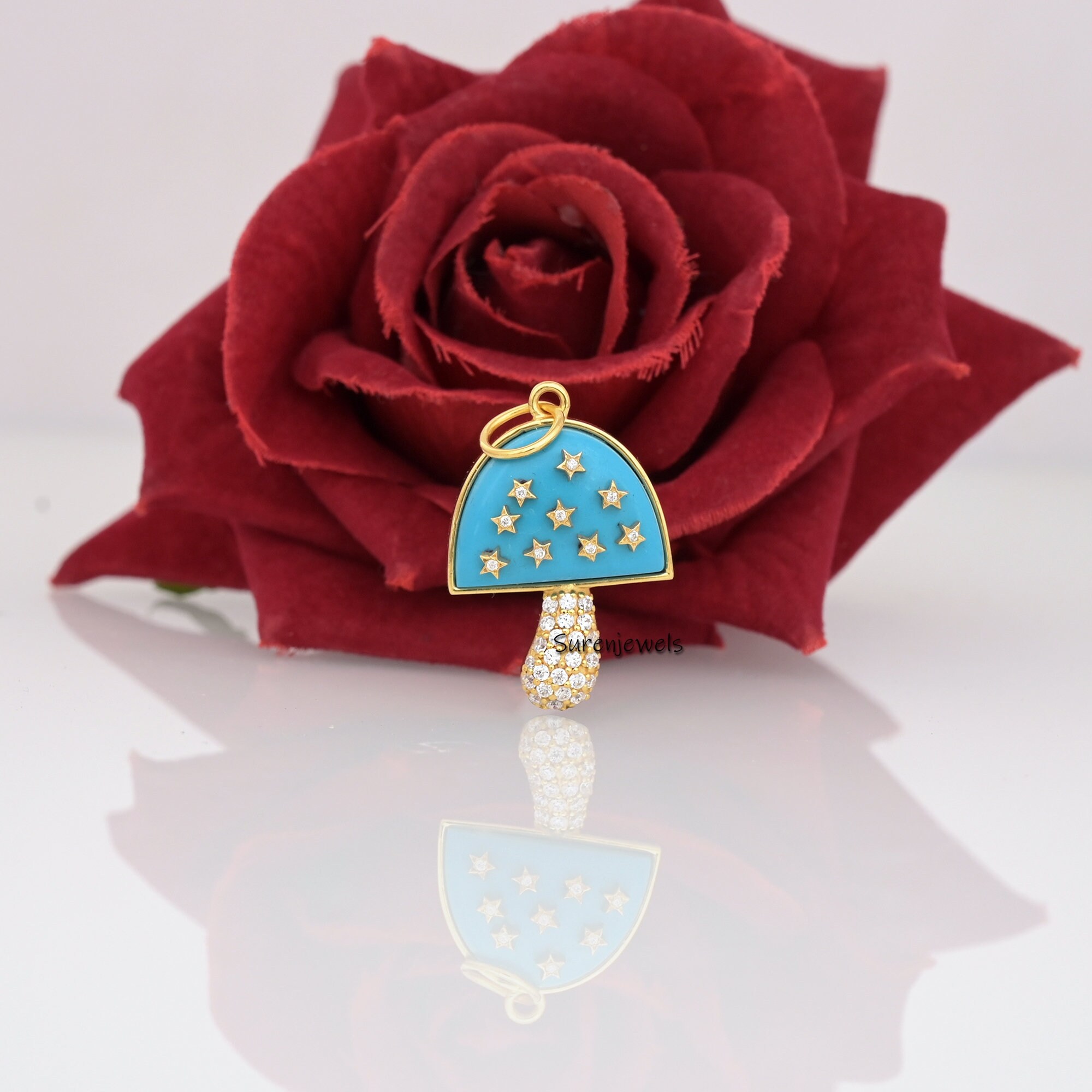 14k Solid Gold Mushroom Pendant: Pave Gemstone Magic Jewelry - View 7 - Suren Jewels | SKU: MJM68-