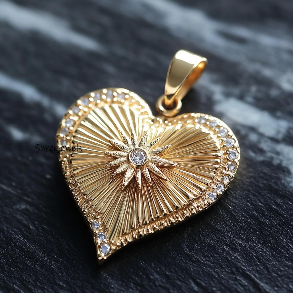 25mm 14K Gold Fluted Heart Pendant: Sunburst Charm - Suren Jewels | SKU: SJP4391-9KYGDI-25M,SJP5208-SLYGCZ-25M,SJP5541-SLRGRU