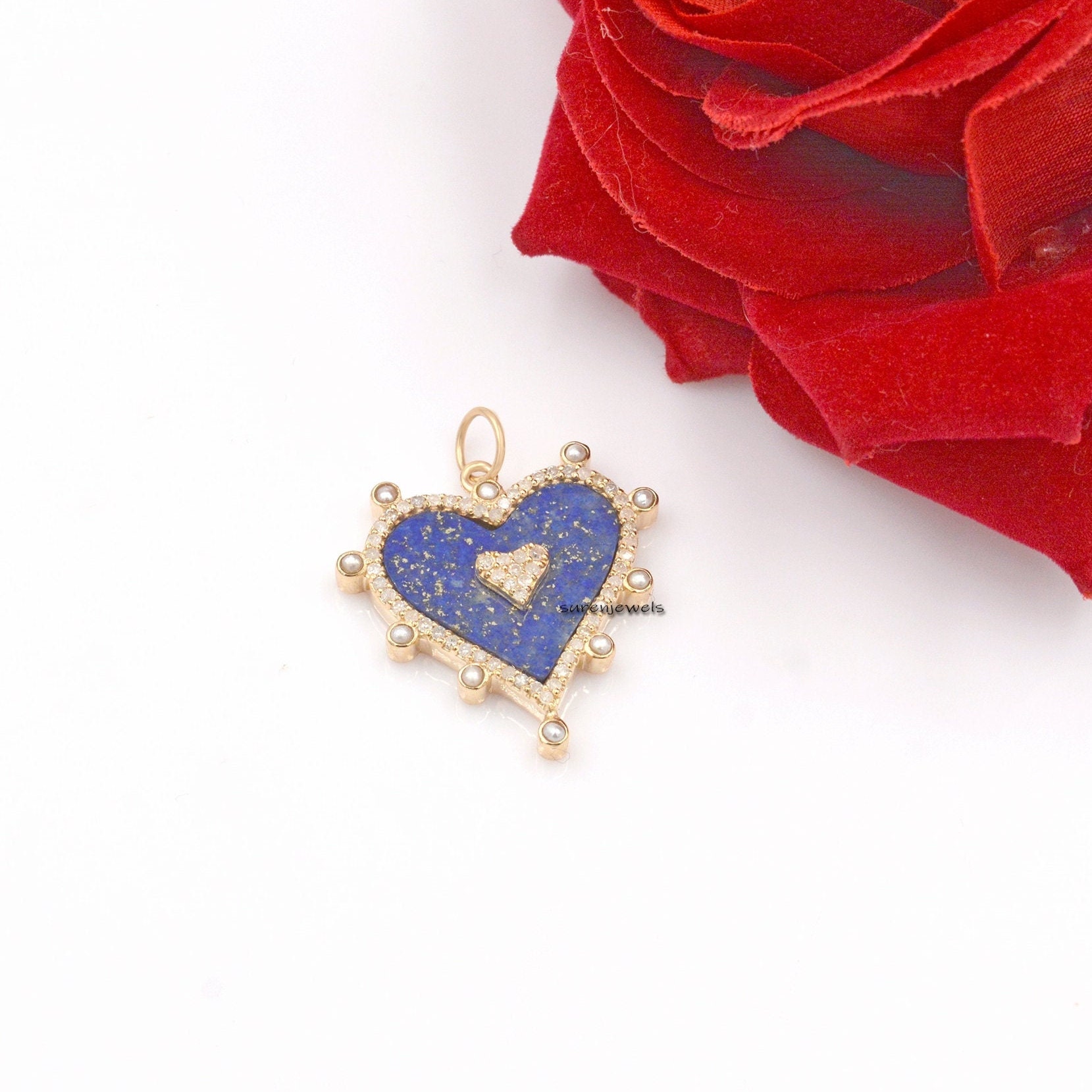 Gold Plated Heart Pendant: Gemstone, Moissanite & Pearl Charm - View 4 - Suren Jewels | SKU: SJP1271-14KYGLPZDIPL-25M