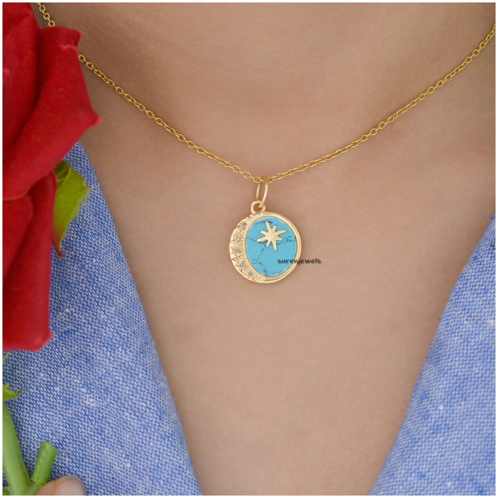 Lapis Lazuli Star Moon 925 Silver Pendant: Moissanite Celestial Disc - View 3 - Suren Jewels | SKU: SJP1296-SLYGDITQ-20M