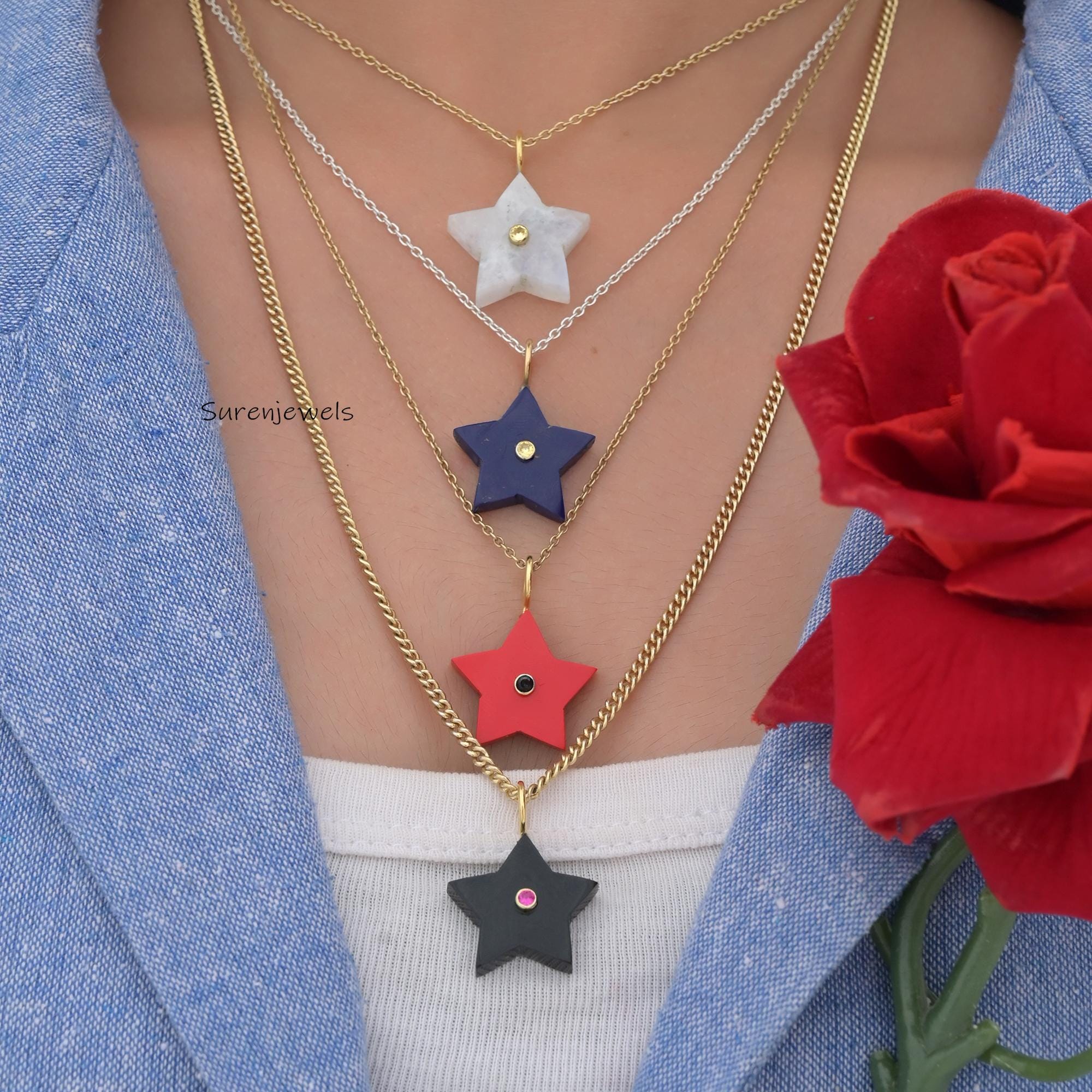 Carved Gemstone Star Pendant: Turquoise, Malachite, Lapis, Handmade Charm - View 2 - Suren Jewels | SKU: SJP3359