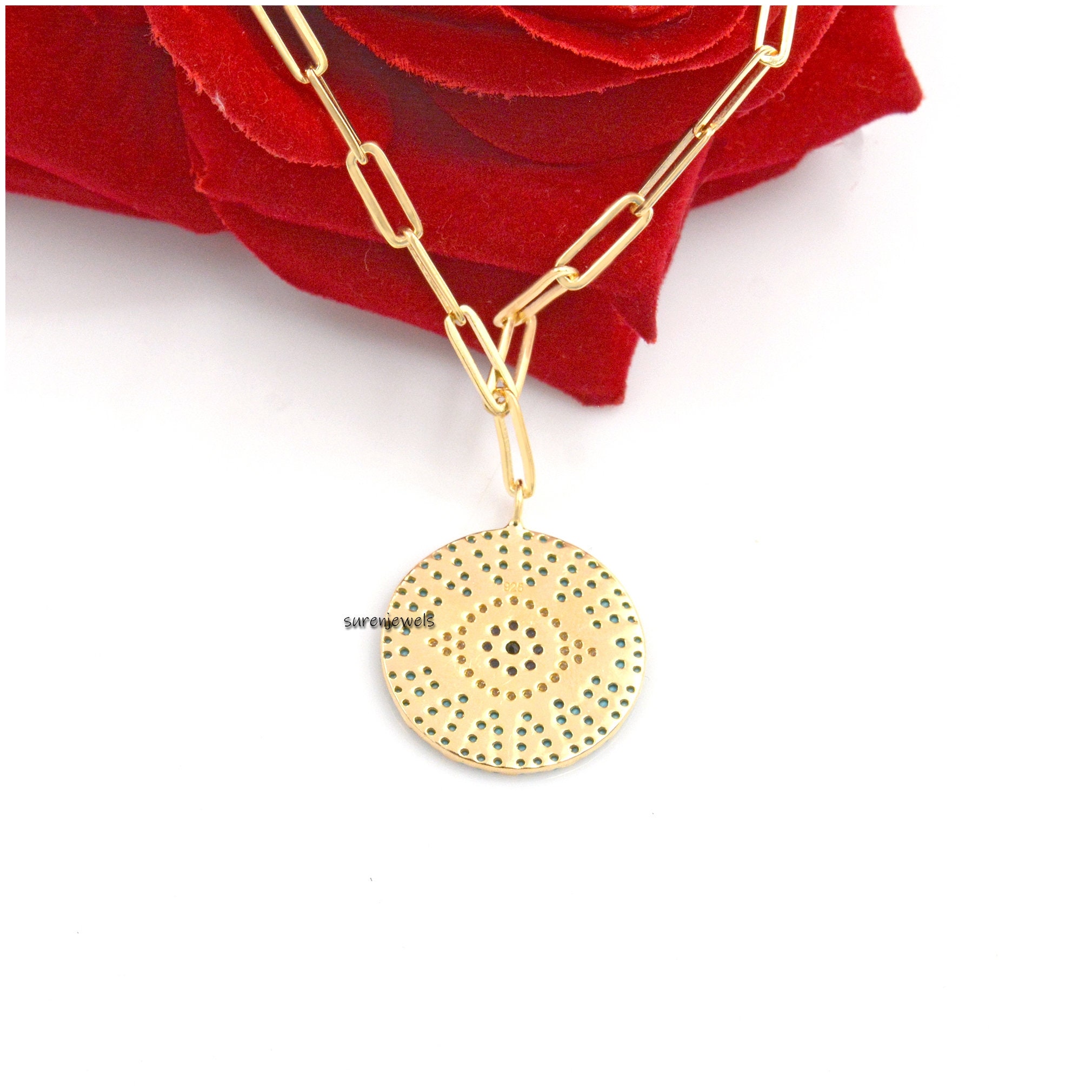 14k Gold Vermeil Turquoise Evil Eye Pendant: Cubic Zircon Pave - View 3 - Suren Jewels | SKU: SJN688-SLYGCZBSPBSTQ-18I