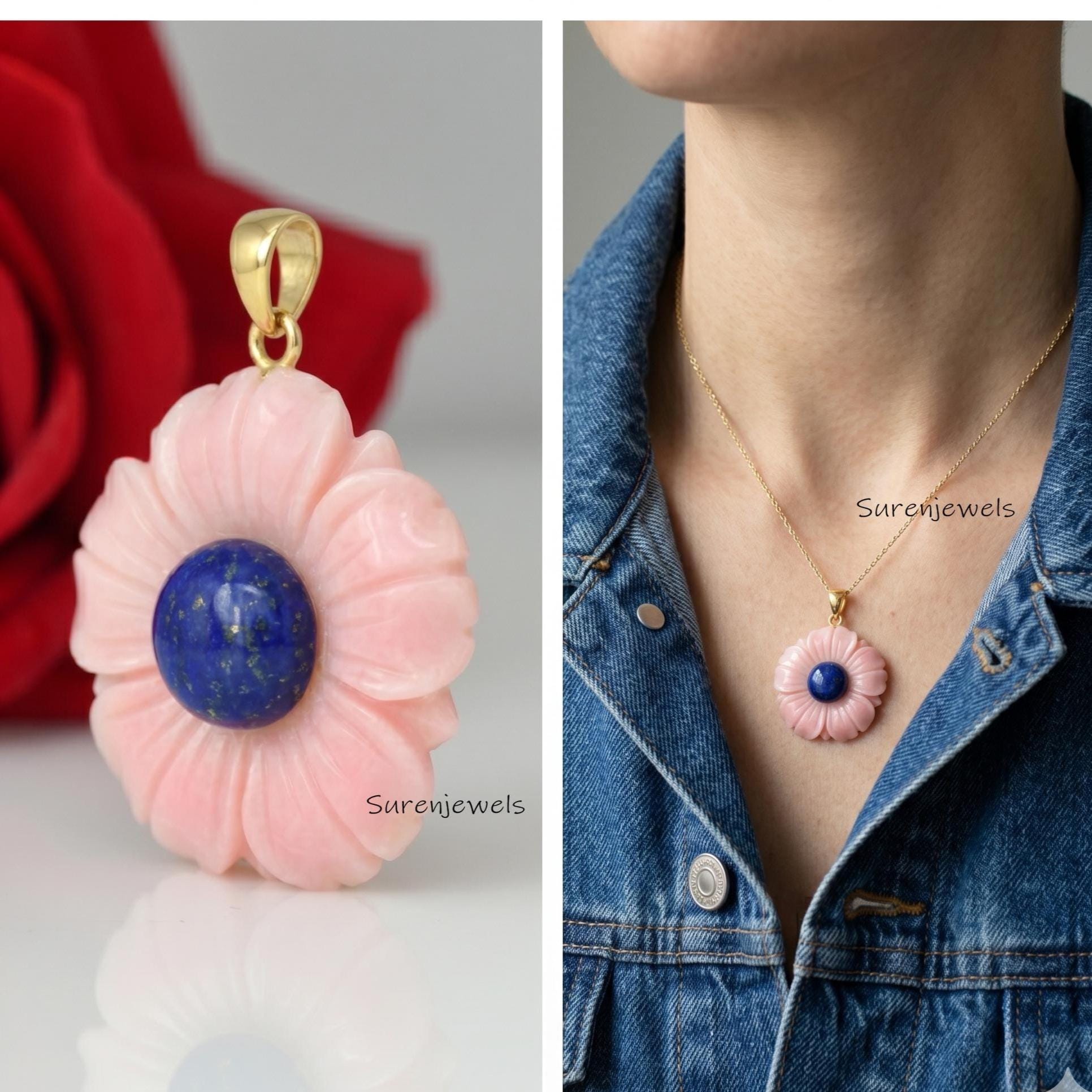 14K Gold Carved Gemstone Flower Pendant, Gold Gemstone Flower Pendant, Solid Gold Gemstone Flower Pendant, Vintage 14k Gold F