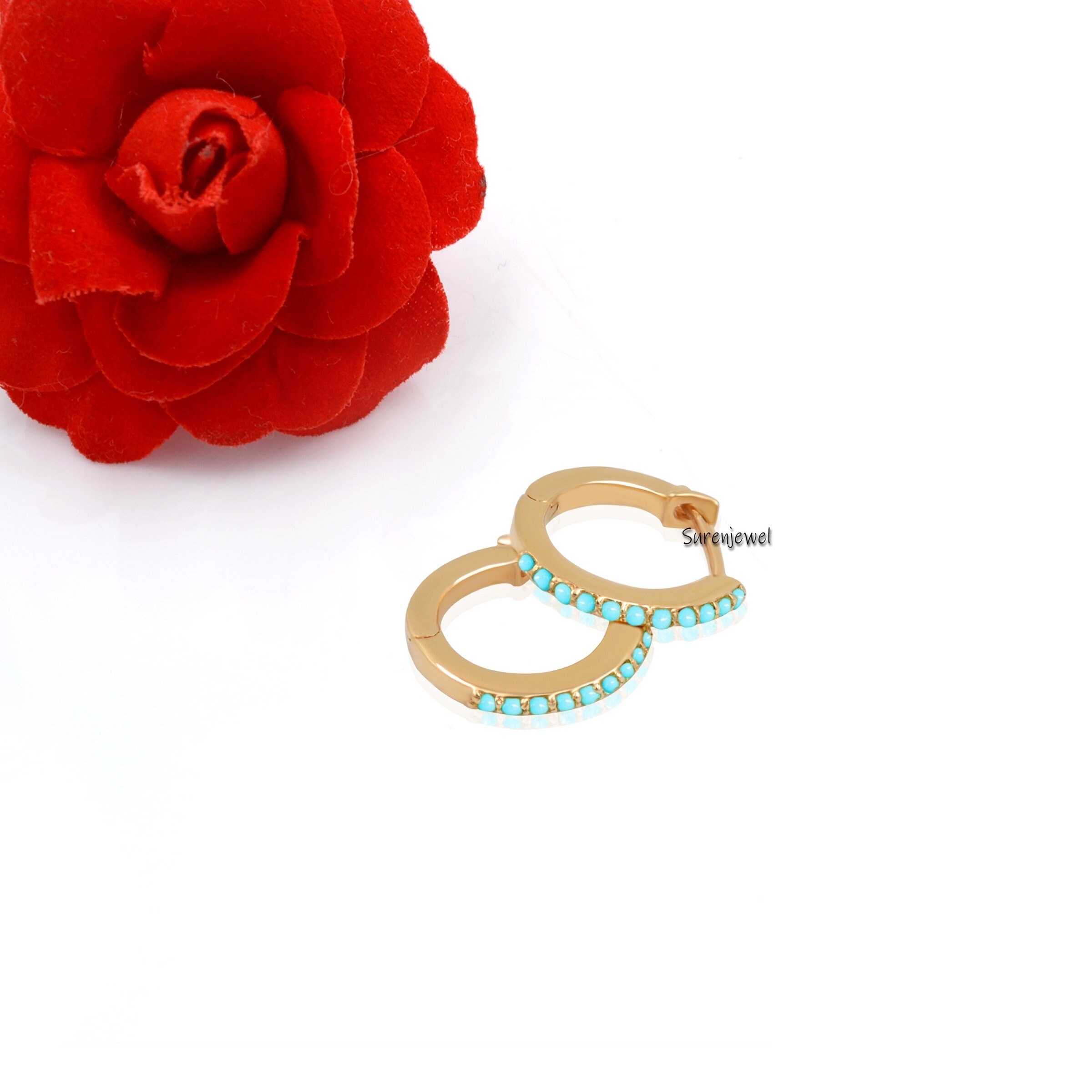 14k Solid Gold Turquoise Huggie Hoop Earrings: Handmade Hinged Jewelry - View 5 - Suren Jewels | SKU: SJE66-9KYGTS