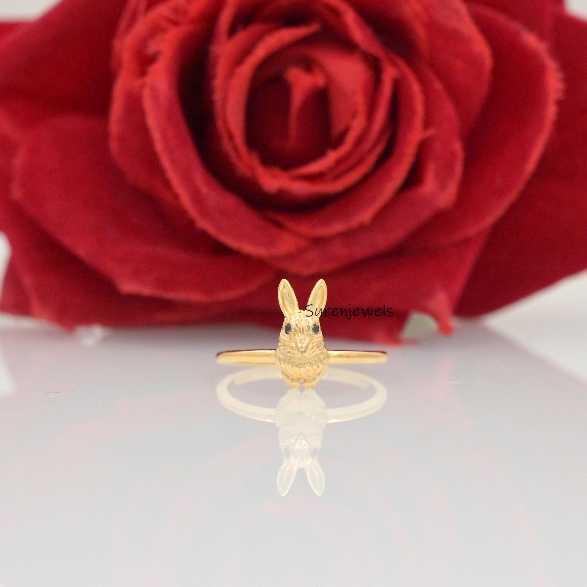 14K Solid Gold Rabbit Ring: Handmade Lucky Bunny Jewelry - View 4 - Suren Jewels | SKU: SJR2881-SLYGBKCZ-US-7,SJR2882-SLRH-US