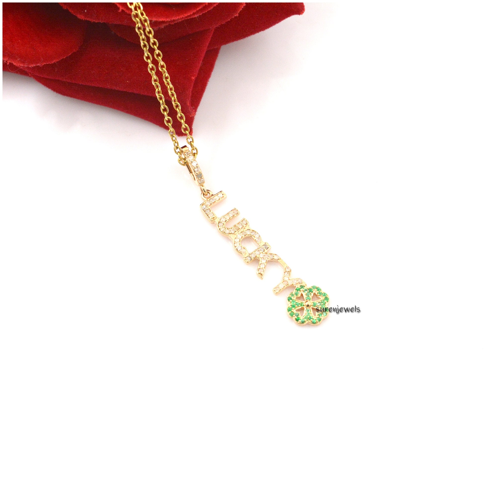 14K Gold Diamond Lucky Pendant: Initial Letter Charm - View 4 - Suren Jewels | SKU: SJP1348-14KYGDIMT
