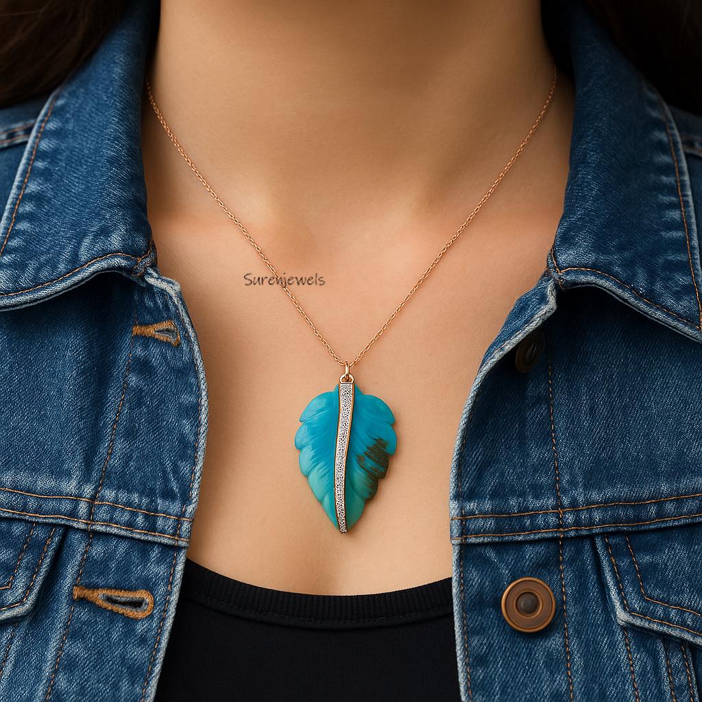 14k Gold Hand Carved Gemstone Leaf Pendant - Turquoise or Malachite - View 3 - Suren Jewels | SKU: SJP5016-SLYGMOPCZ-25M