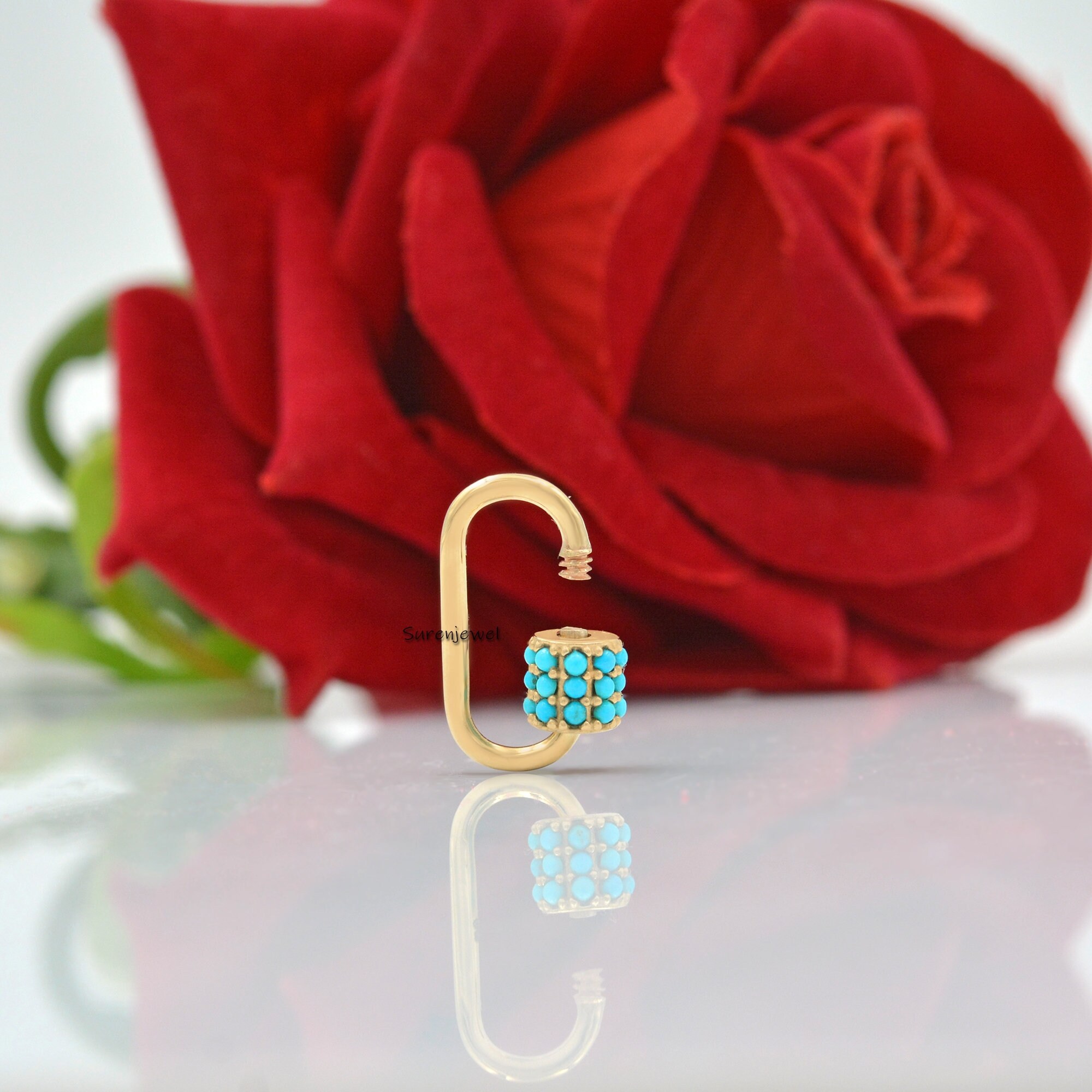 Handmade 925 Silver Carabiner Lock: Turquoise Gemstone Jewelry - View 4 - Suren Jewels | SKU: SJC09-14KYGTQ-20M
