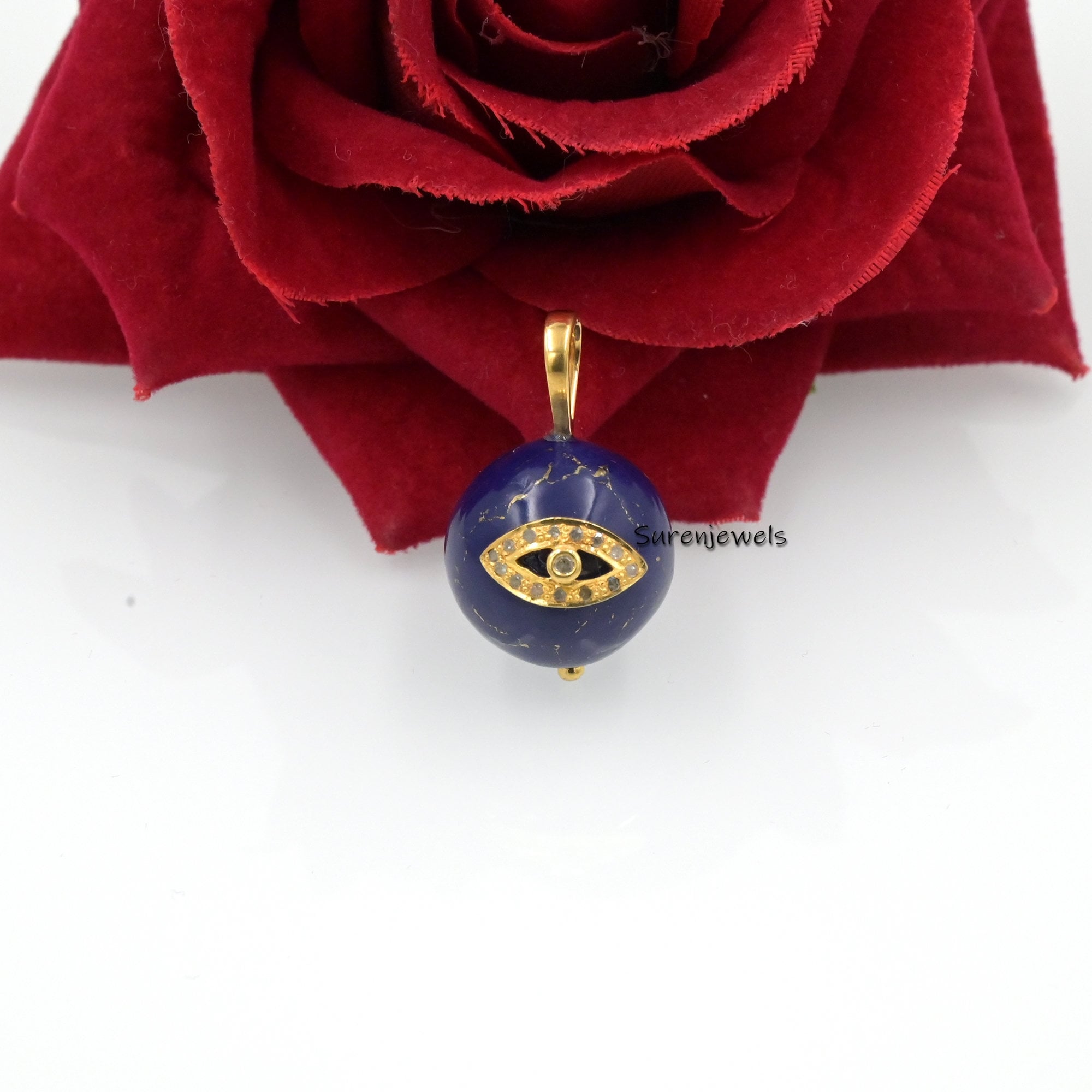 14k Gold Carved Gemstone Evil Eye Ball Pendant- handmade Carving Jewelry - View 2 - Suren Jewels | SKU: SJP2794