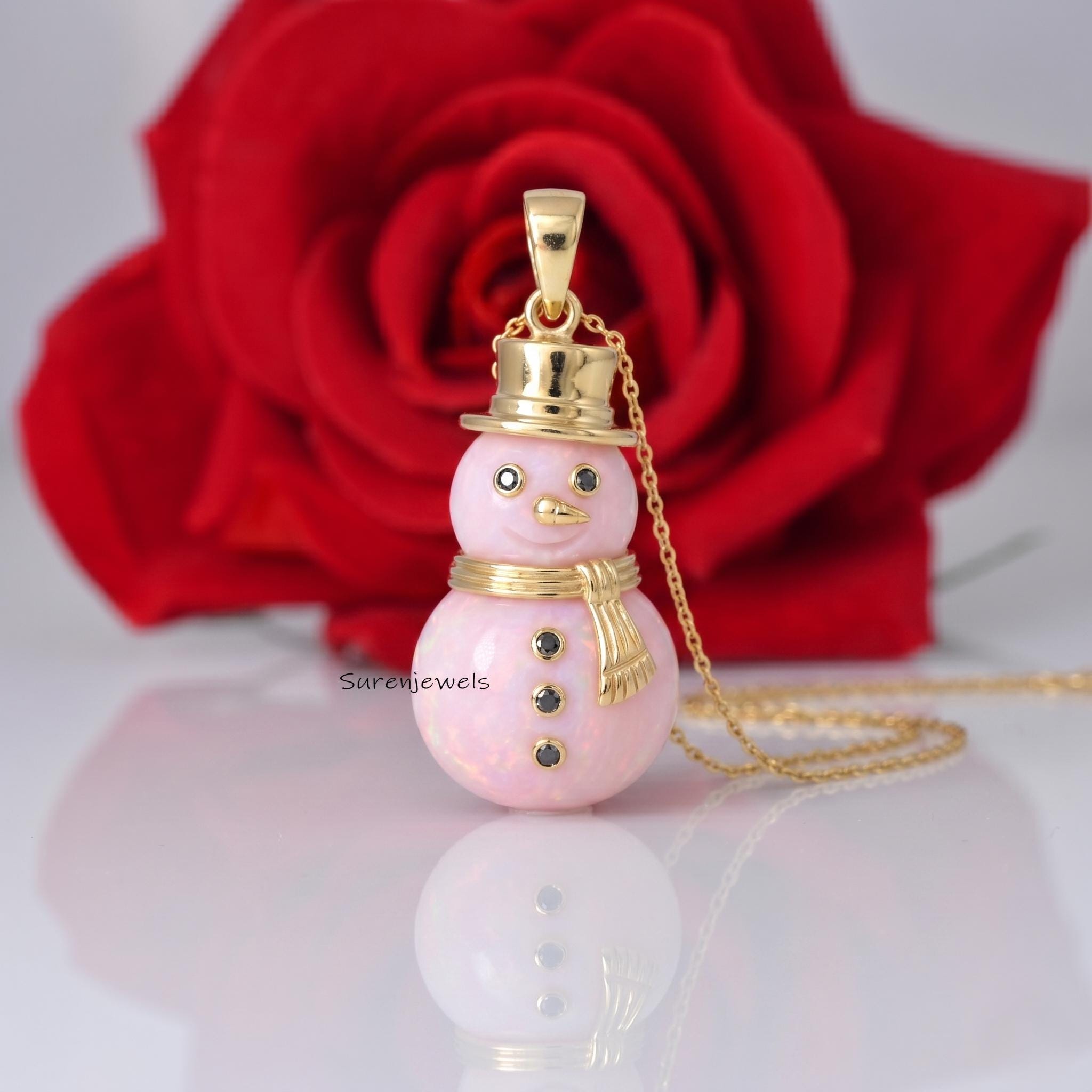 14k Gold Carved Gemstone Snowman Pendant, Handmade Snowman Pendant jewelry, Designer Snowman Pendant, Gemstone Carving Jewel