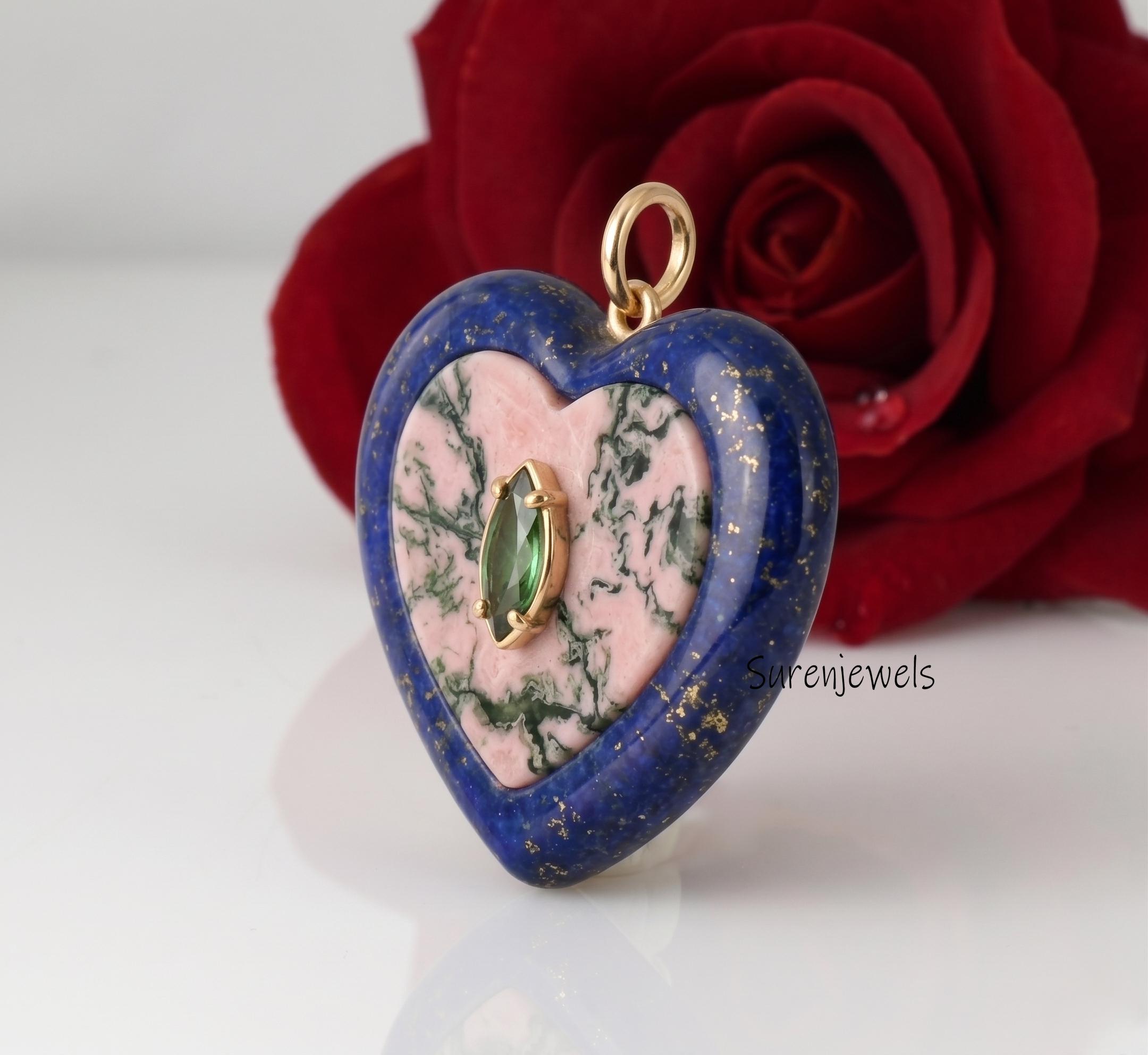14K Gold Plated All Gemstone Hand Carving Heart Pendant, Multi Stone Heart Pendant, Gemstone Designer Heart Pendant,Carved He