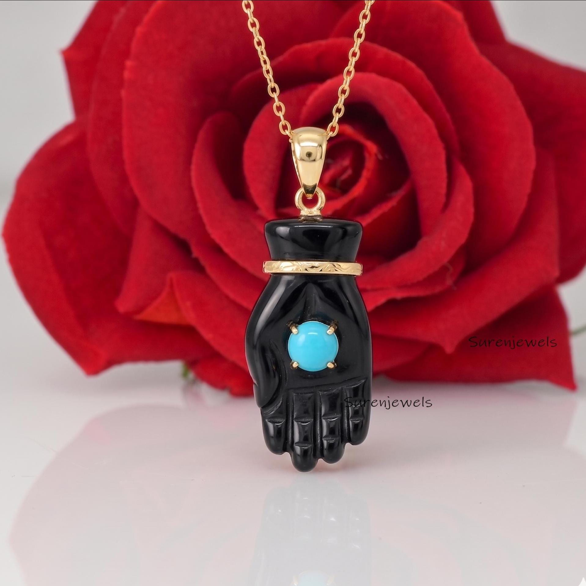 14K Gold Plated Mano Figa Pendant, Lapis Lazuli Good Luck Charm, Amulet Pendant, Boho Statement Gift for Women - Suren Jewels