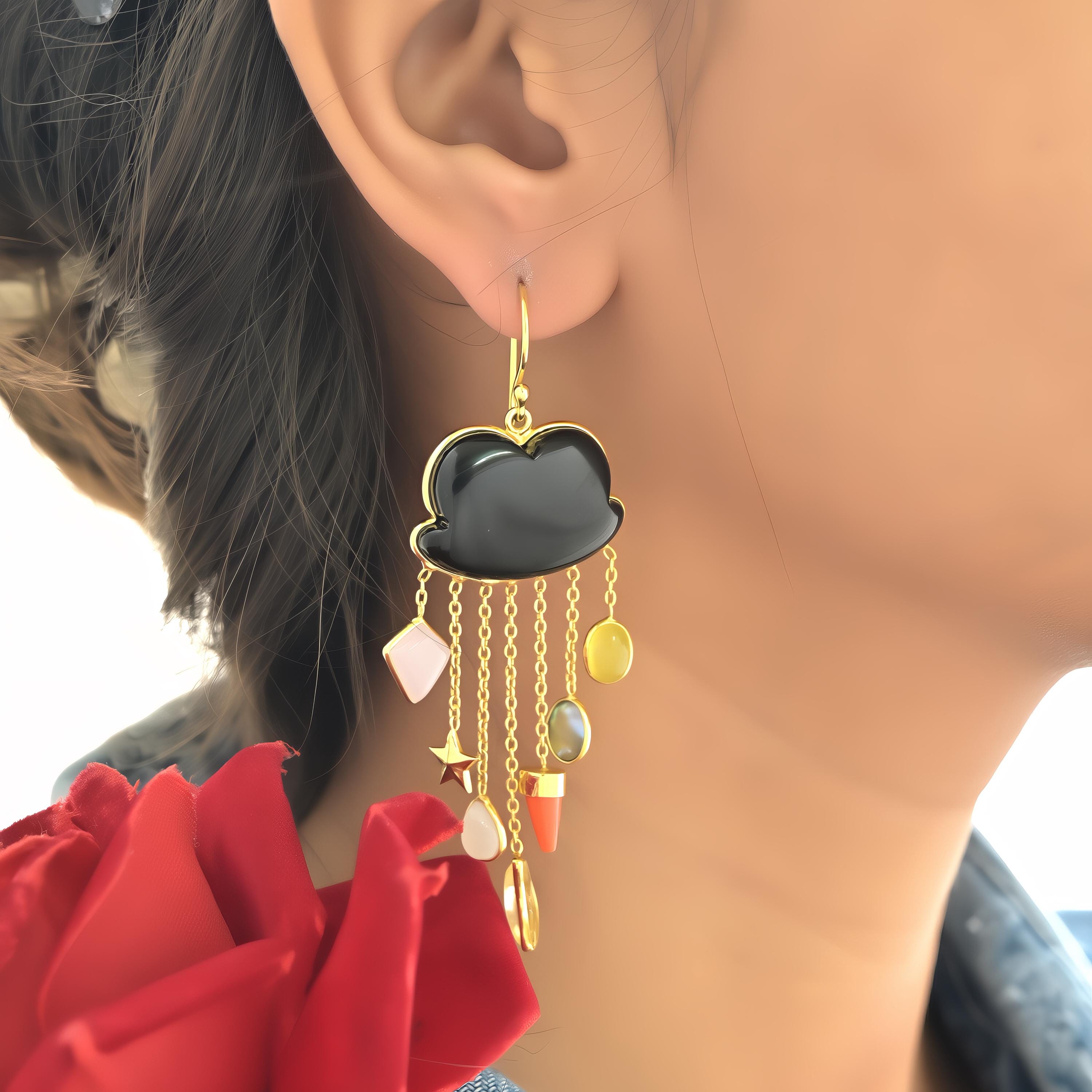 14K Gold Gemstone Cloud Dangle Earrings, Rainy Cloud Design - View 4 - Suren Jewels | SKU: SJE1037-SLYGMSMTCS