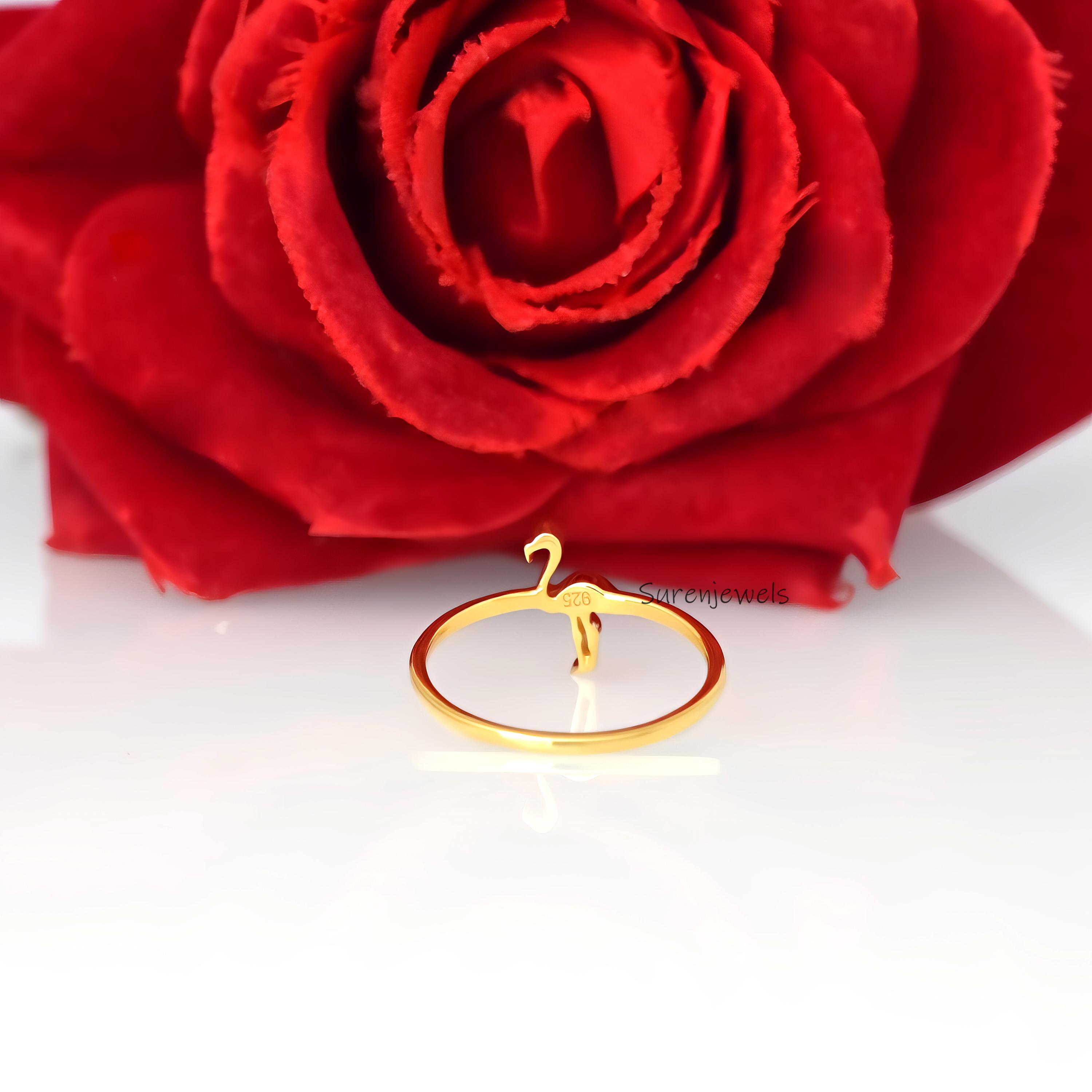 14k Gold Flamingo Ring: Dainty Animal Bird Jewelry - View 7 - Suren Jewels | SKU: SJR2967-SLWG-US-3,SJR2975-SLRG-US-5