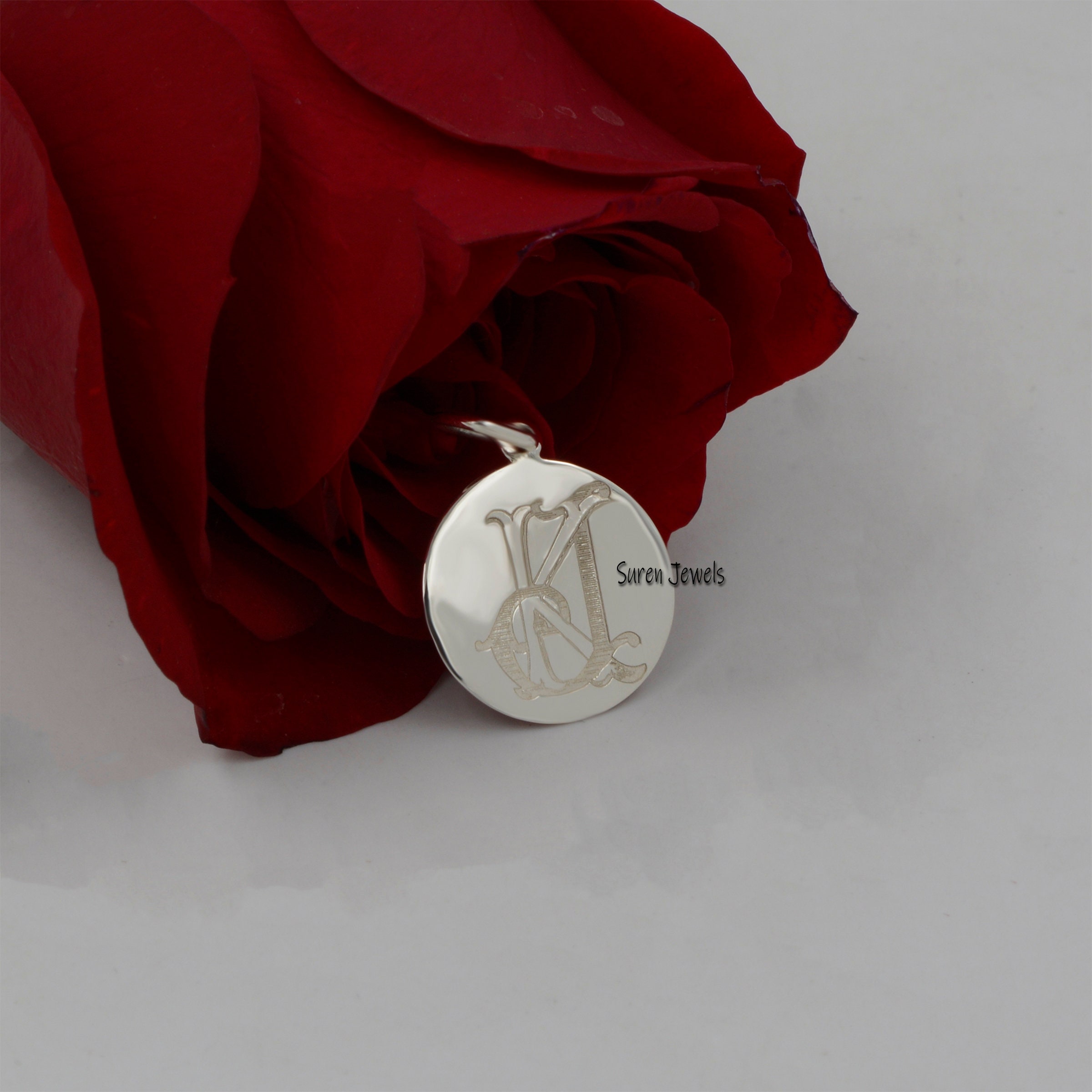 925 Silver Monogram Disc Pendant: Personalized Initial Charm (15mm) - View 6 - Suren Jewels | SKU: SJP744-SLNS-AH