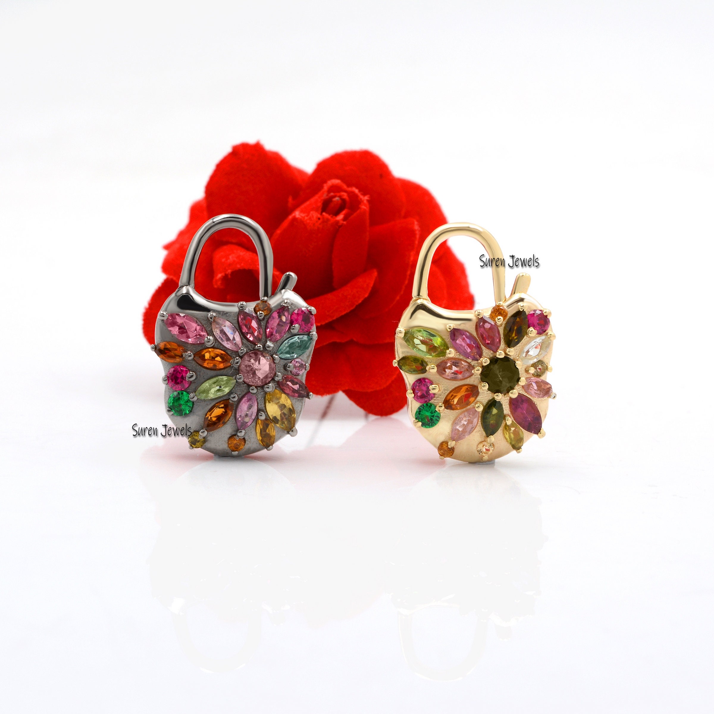 Gold Vermeil Multi Tourmaline Padlock Pendant: 925 Silver Connector - Suren Jewels | SKU: SJP41-SLYGMTTL-N22-18I