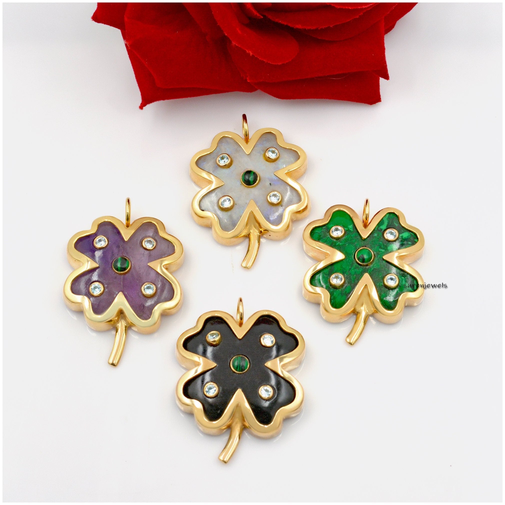 14K Gold Gemstone Clover Pendant: Gemstone Four Leaf Clover - View 3 - Suren Jewels | SKU: SJP1173-SLYGTQBTMK