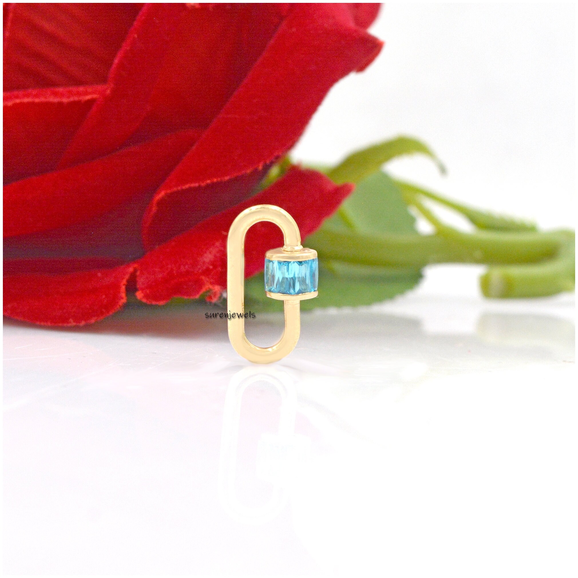 14k Yellow Gold Emerald Carabiner Lock: Jewelry Connector - View 6 - Suren Jewels | SKU: SJC22-14KYGBTTMT-16M