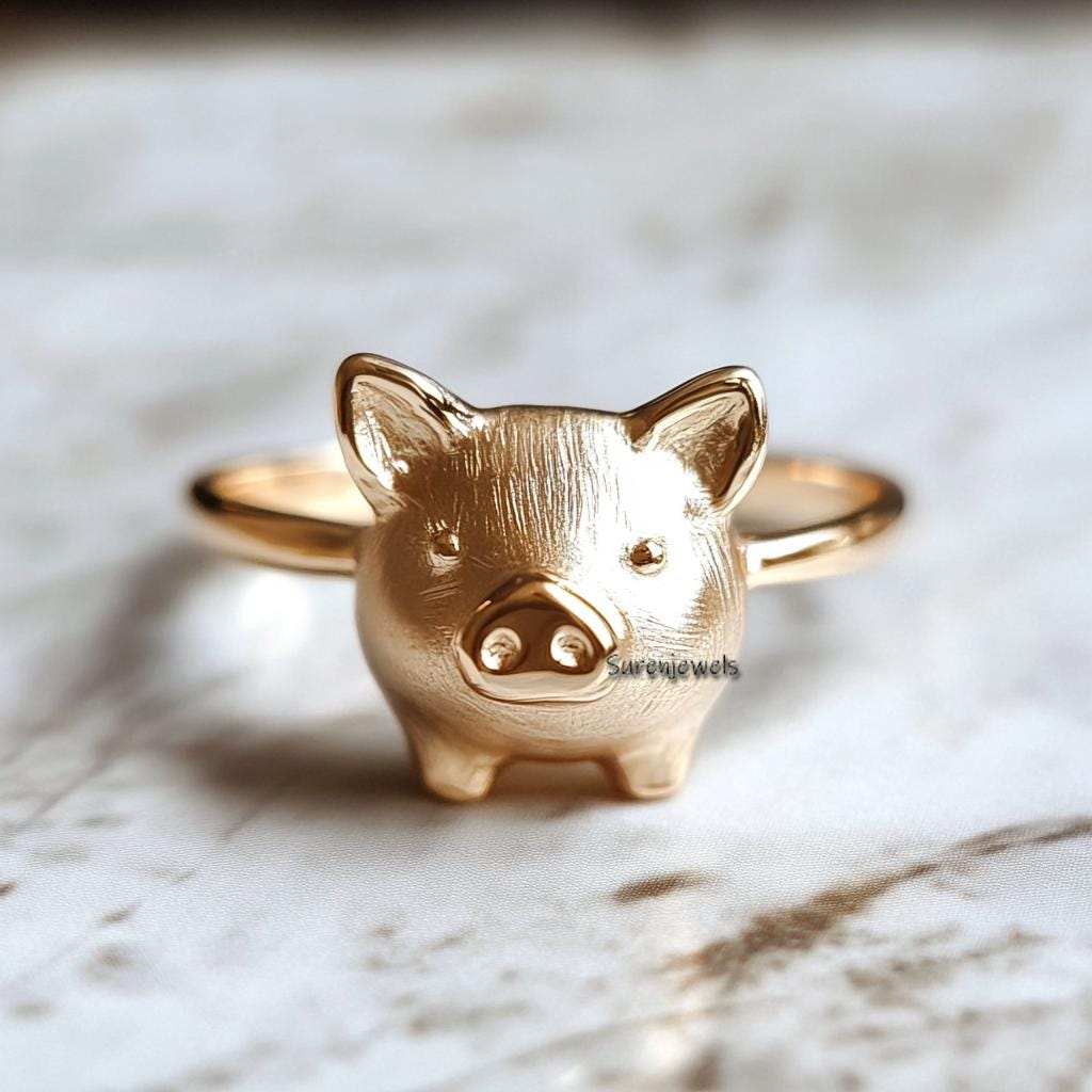 Solid 14k Gold Pig Face Ring - Handmade Animal Jewelry - View 2 - Suren Jewels | SKU: SJR2896-SLWG-US-7,SJR2924-SLNS-US-6