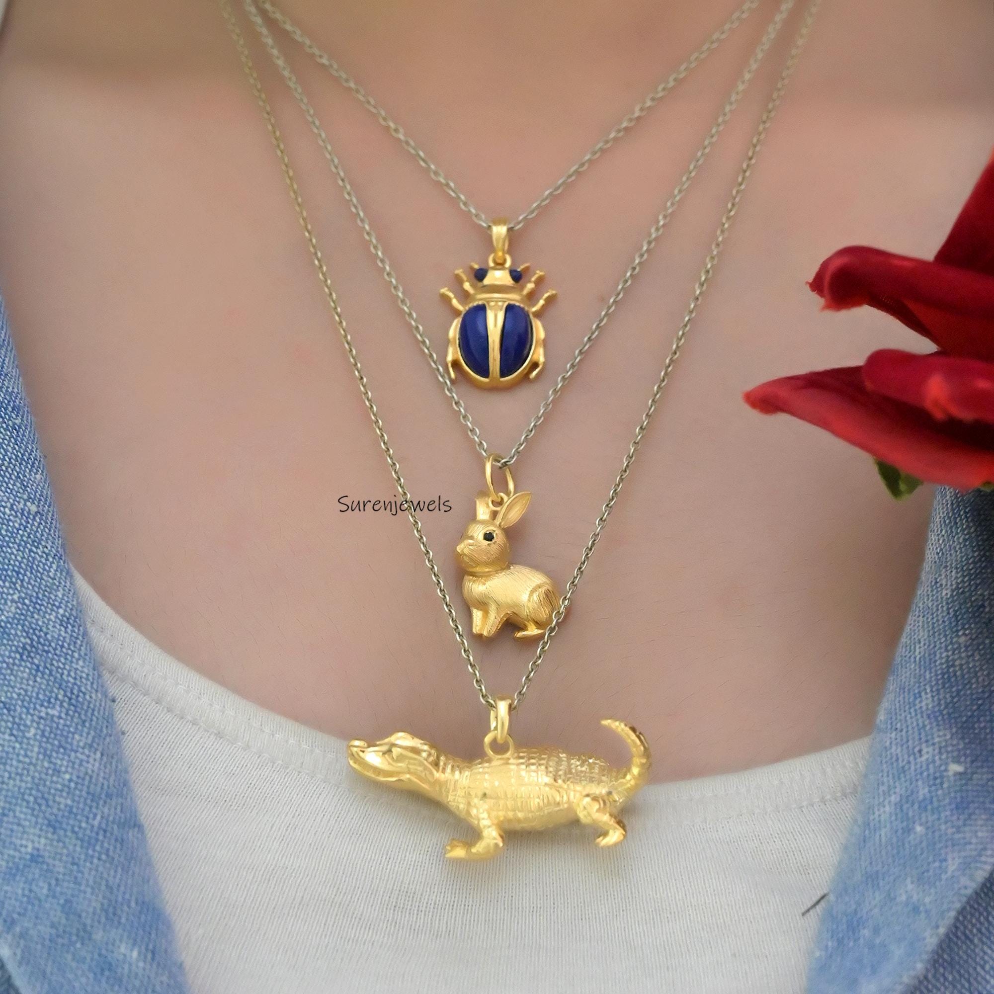 14K Gold Textured Rabbit Pendant: Designer Animal Charm - View 6 - Suren Jewels | SKU: SJP4505-SLNSBKCZ-25M,SJP4530-SLRGBKCZ-