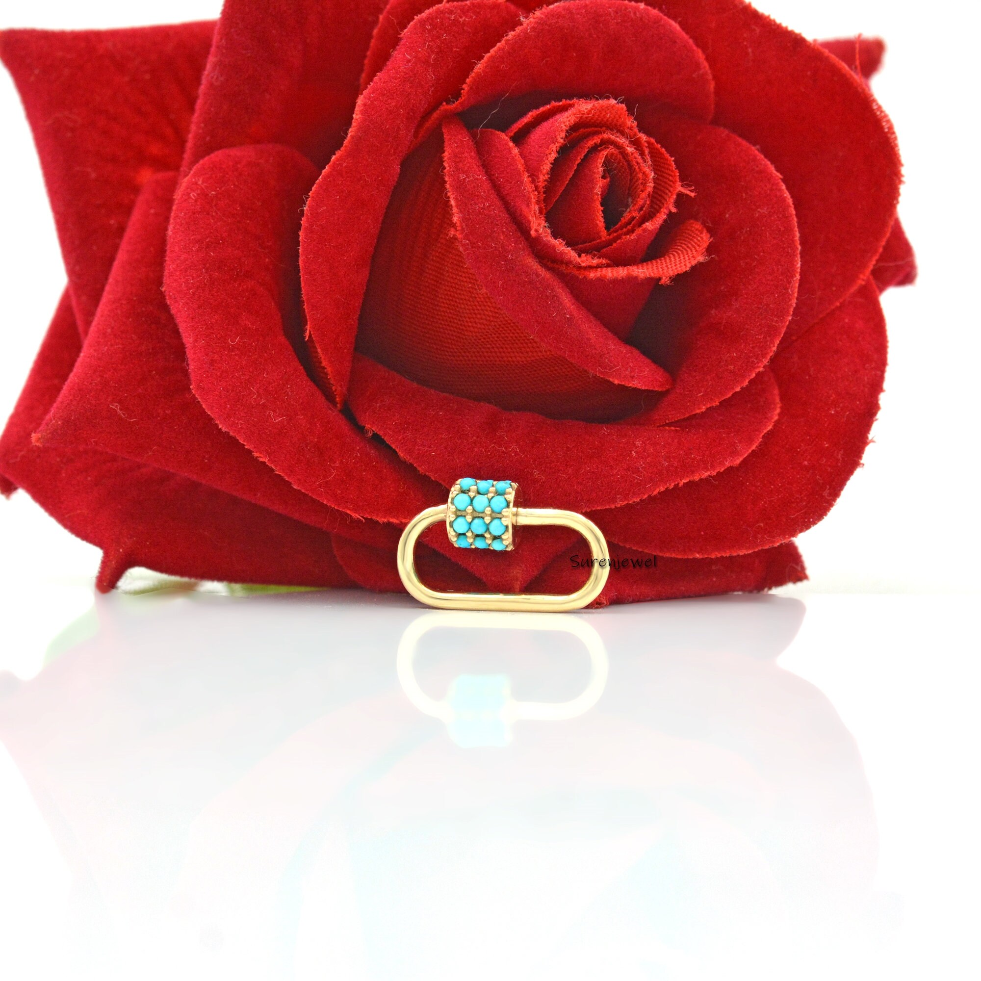 9k Gold Turquoise Carabiner Lock, Handmade Jewelry - View 7 - Suren Jewels | SKU: SJC09-9KYGTQ-N47-18I