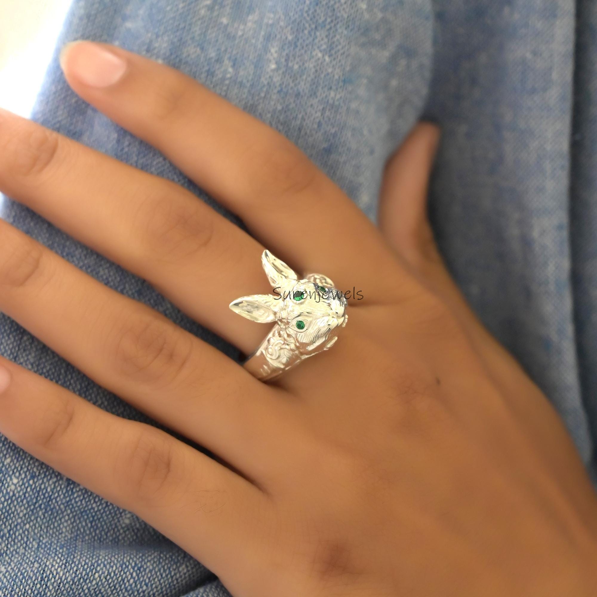 Handmade Silver Rabbit Ring: 14k Gold Accent Animal Jewelry - View 4 - Suren Jewels | SKU: SJR2933-SLNSGCZ-US-7