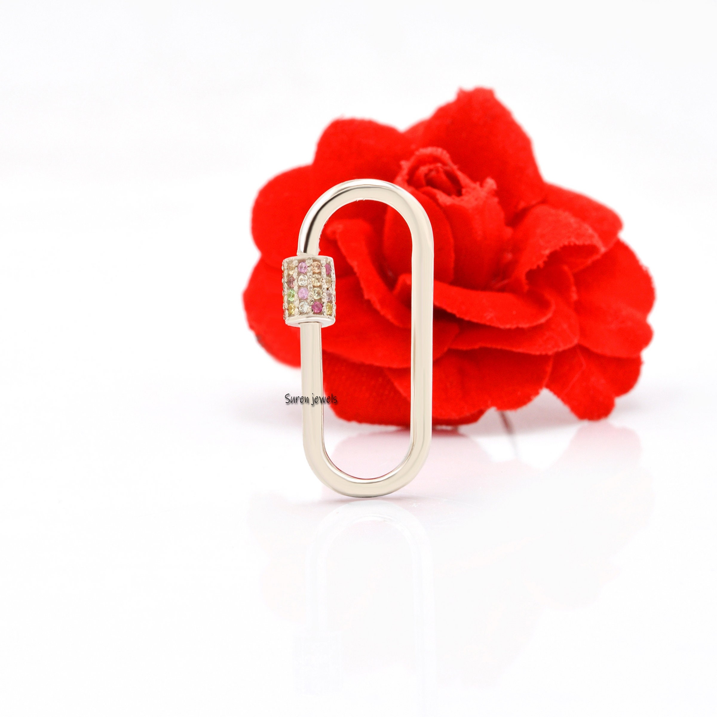 14k Gold Carabiner Lock with Multi Sapphire Accent - View 6 - Suren Jewels | SKU: SJC132-14KYGMT