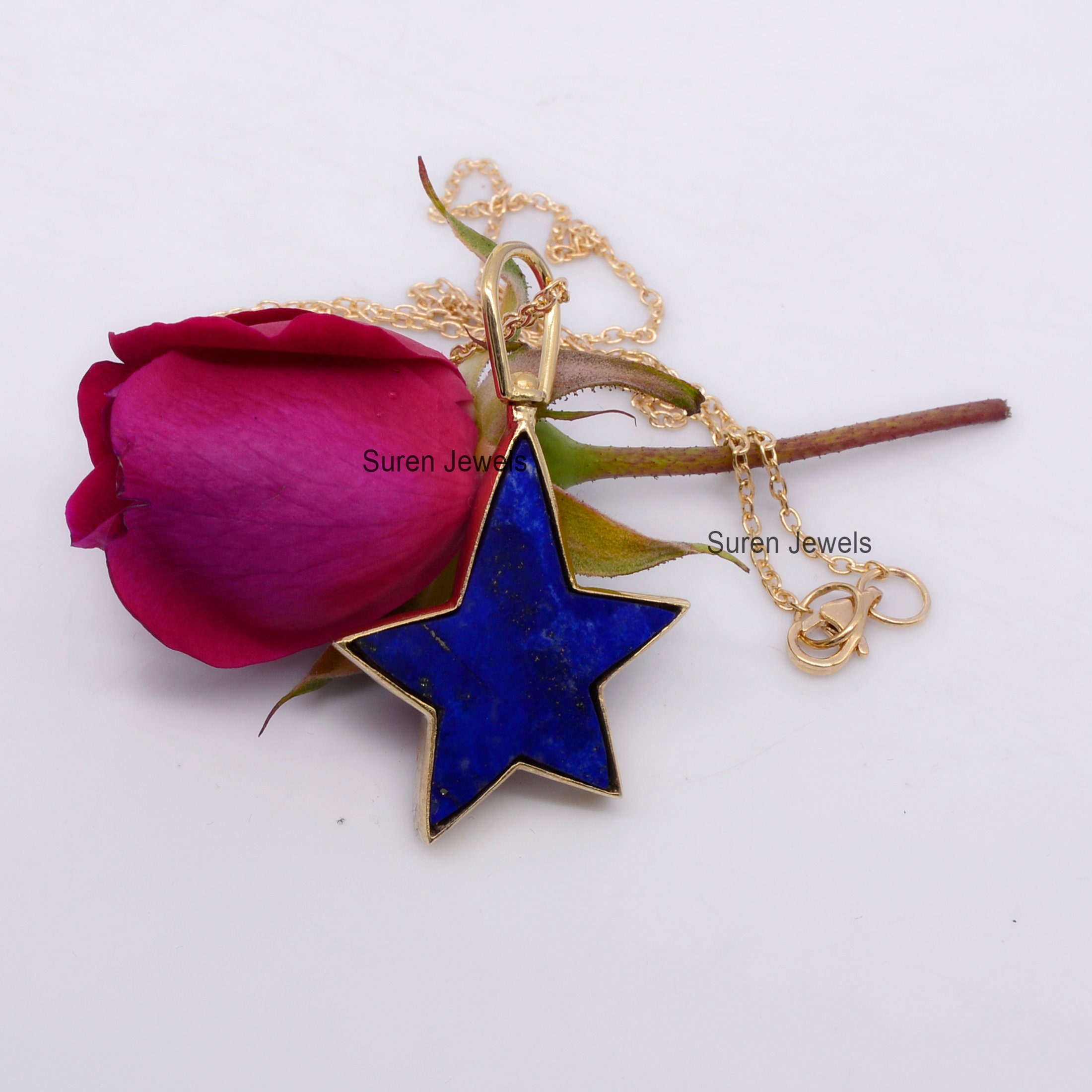 14k Gold Gemstone Star Pendant: Lapis Lazuli or Turquoise - Suren Jewels | SKU: SJP510-SLYGLPZ-N41-18I