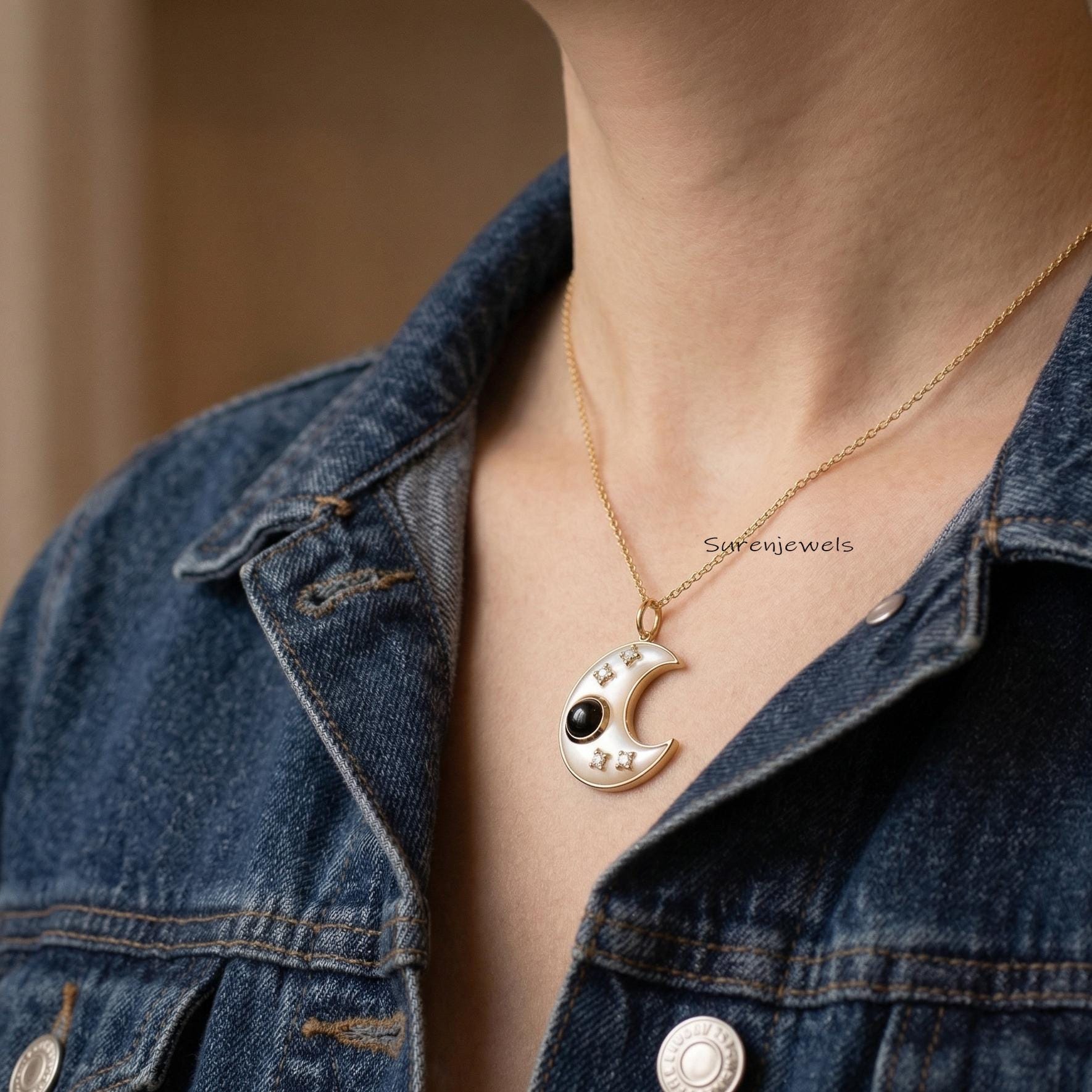 Hand carved 14k Gold Gemstone Half Moon Pendant, Handmade Designer Half Moon Pendant - View 2 - Suren Jewels | SKU: SJP