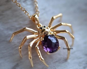 14k Gold Gemstone Spider Pendant: Halloween Jewelry