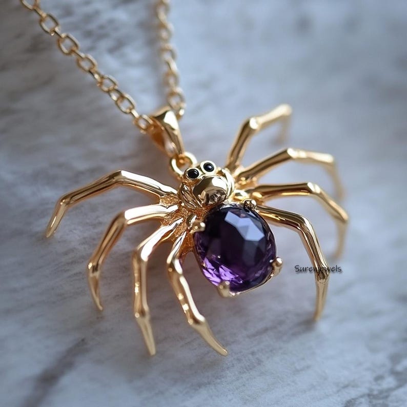14k Gold Edelstein Spinne Anhänger: Halloween Schmuck Design No 1.
